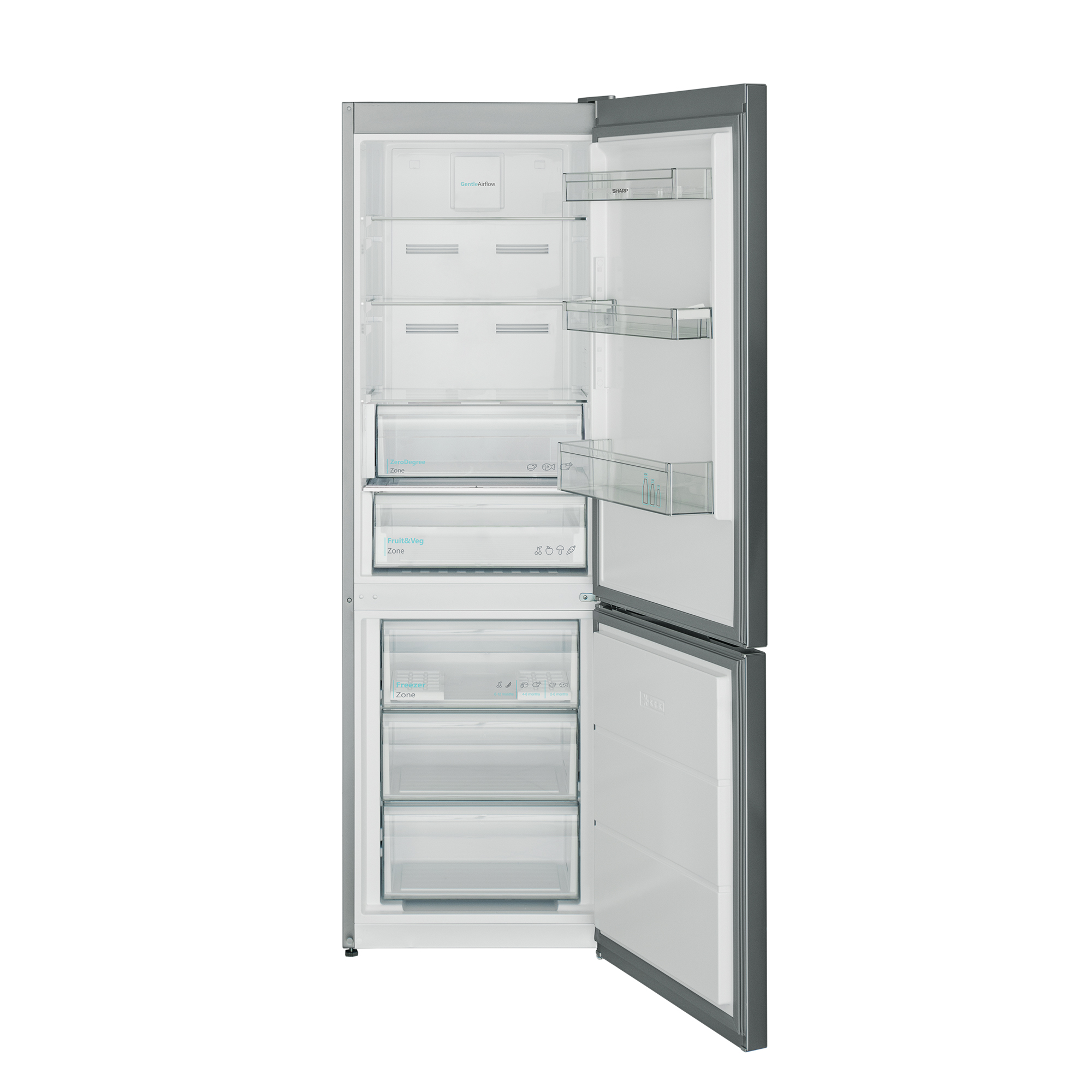 Offener silberner Kühlschrank mit zwei Türen. Innenregale sind sichtbar. Der Kühlschrank ist leer.