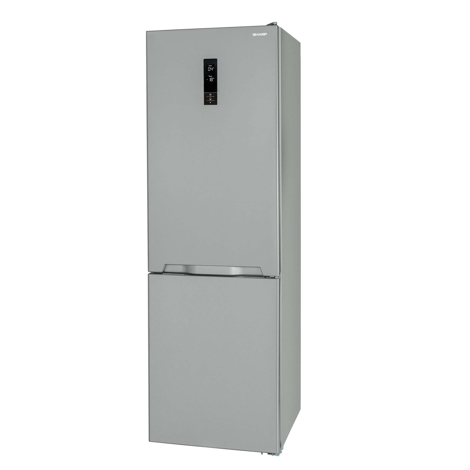 Silberfarbener Kühlschrank mit zwei Türen, einem Digitaldisplay und SHARP-Logo.