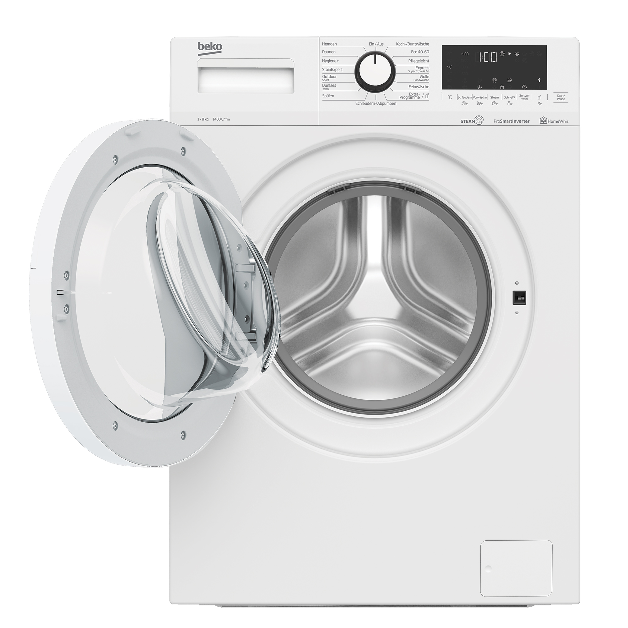 Weiße Beko Waschmaschine mit offener Glastür, Bedienfeld und Frontlader-Design.