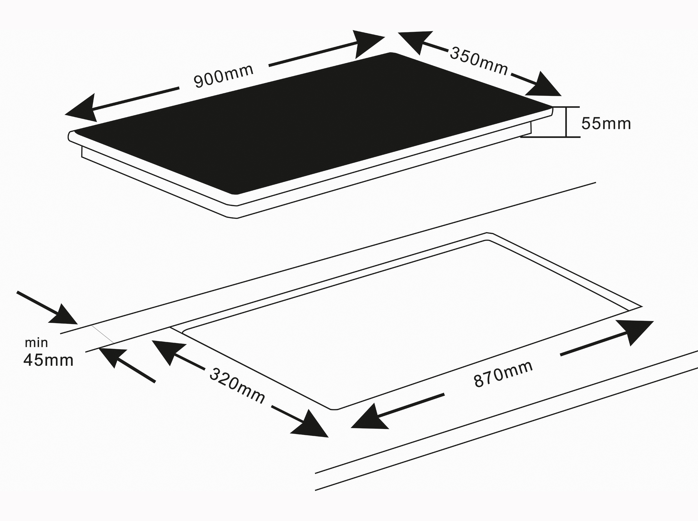 Diagramm eines Elektrokochfelds mit Maßen auf weißem Hintergrund.