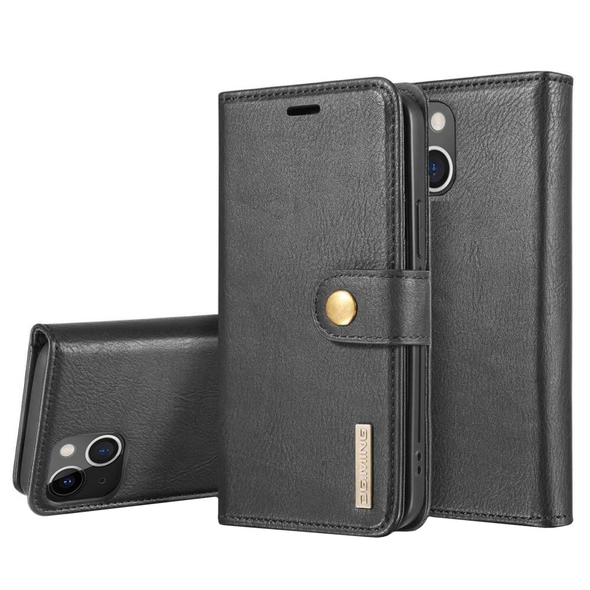 Schwarze Leder-Handyhülle mit Knopf und Kartenfächern. Handyhülle offen und geschlossen.