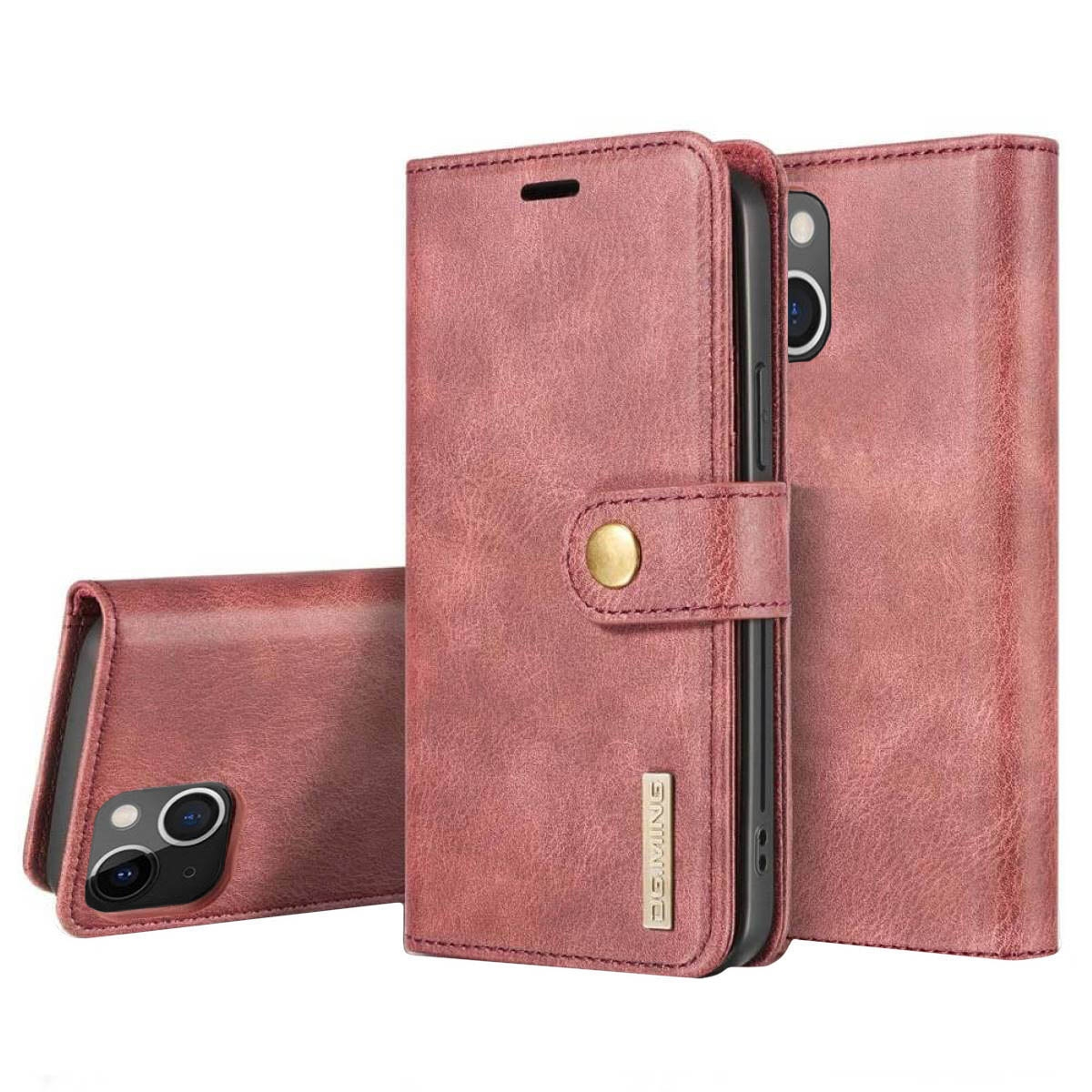 Eine weinrote Leder-Handyhülle mit goldenem Knopf, geschlossen. Die Hülle hat ein Telefon darin.