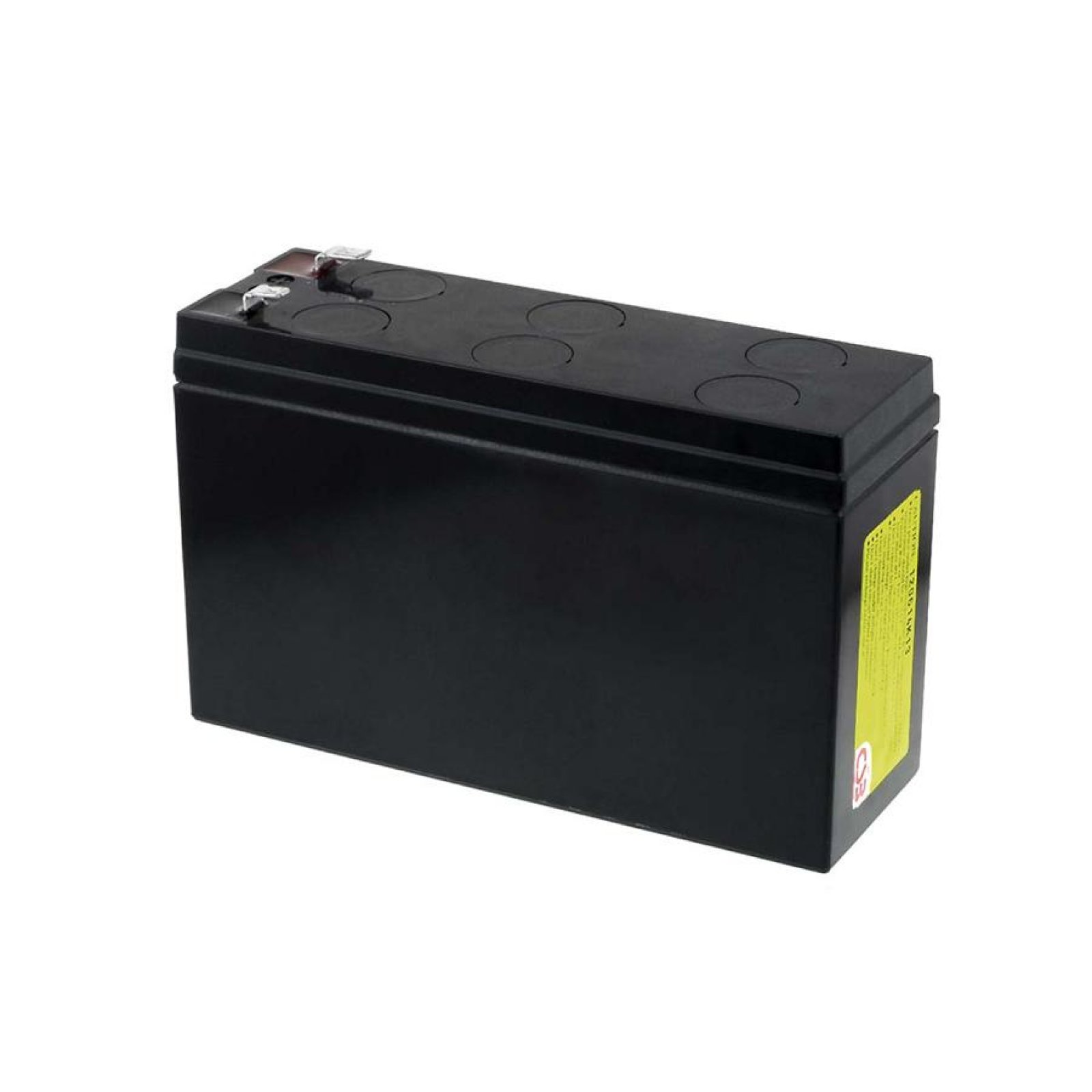 Una caja de batería negra con una etiqueta. La batería tiene forma de caja rectangular.