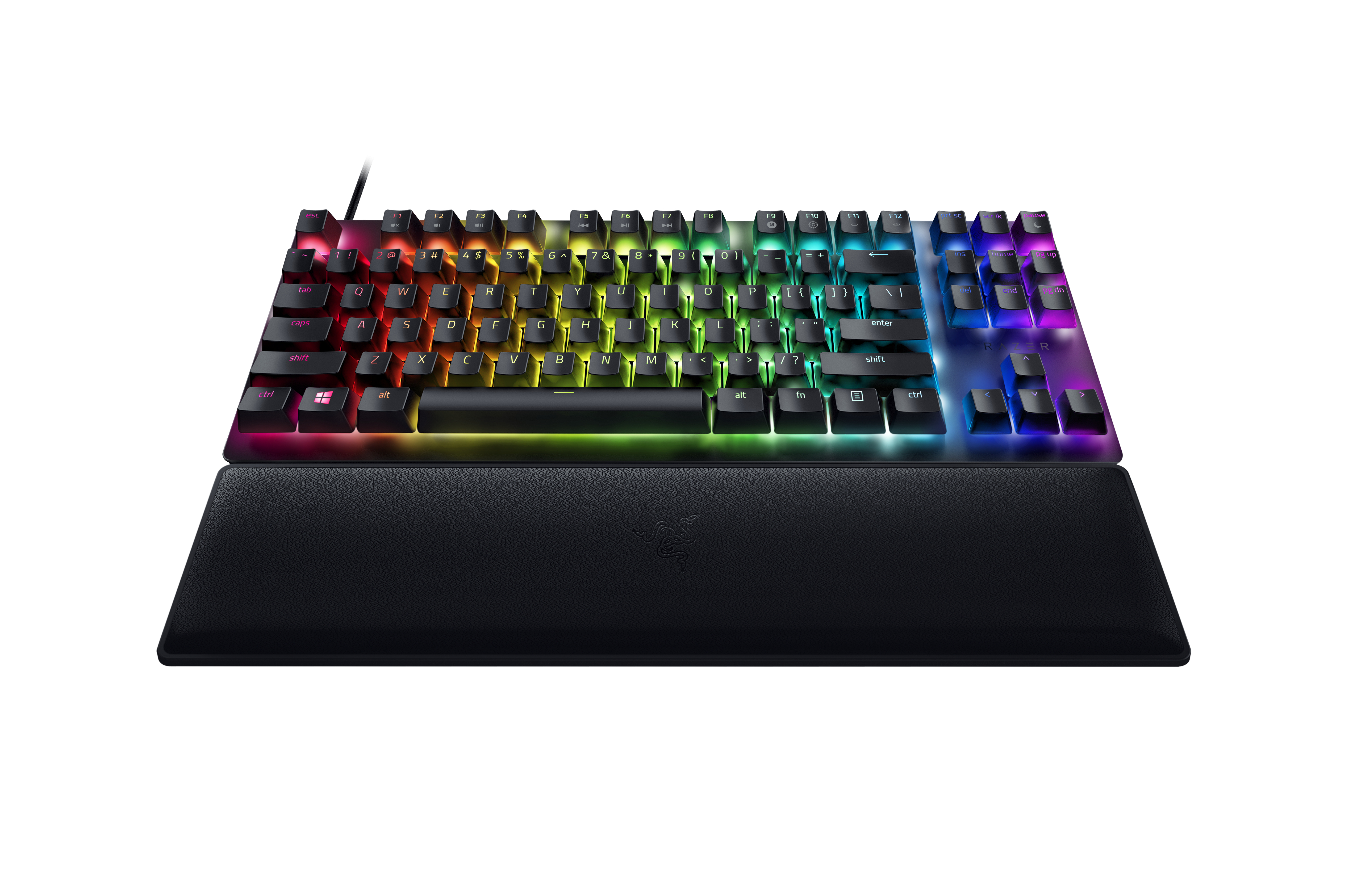 Czarna i kolorowa klawiatura z podpórką pod nadgarstki.