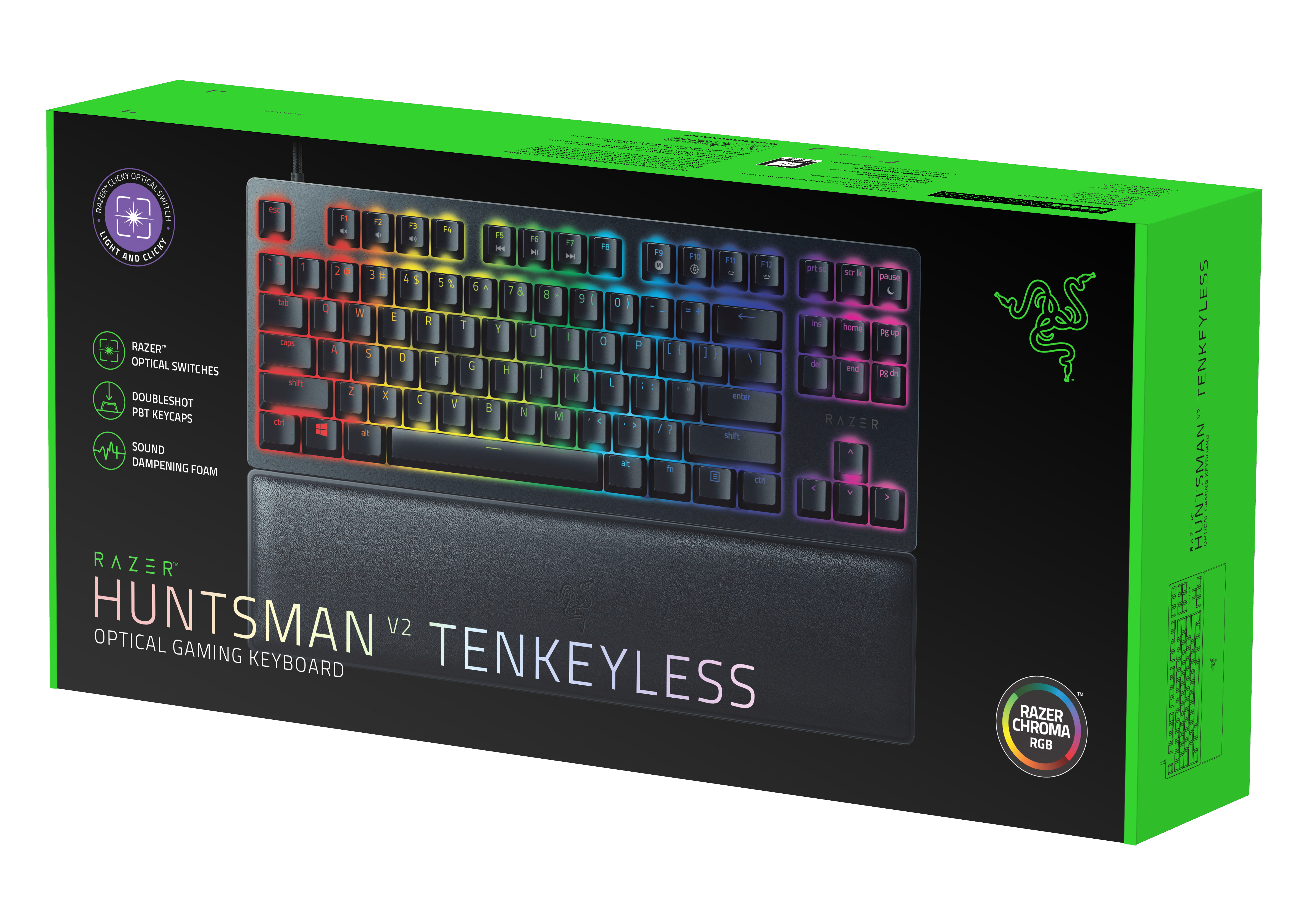 Klawiatura Razer Huntsman V2 TKL w zielonym pudełku. Klawiatura jest czarna z podświetleniem RGB.