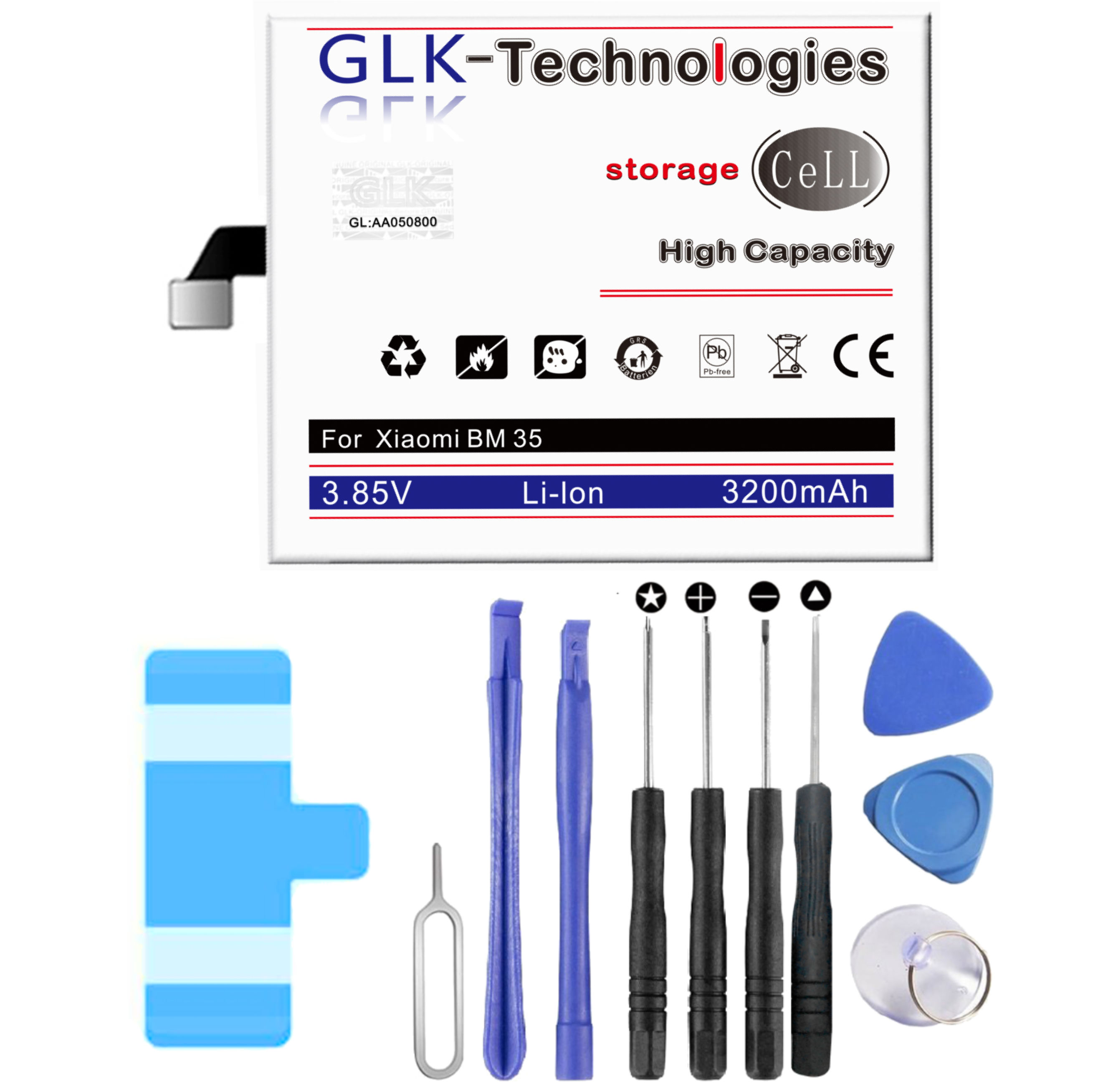 GLK-TECHNOLOGIES High Power Mi Ersatz Smartphone Li-Ion für 3200 Xiaomi BM35 mAh Battery Akku Ersatz inkl. Akku 4C Werkzeug