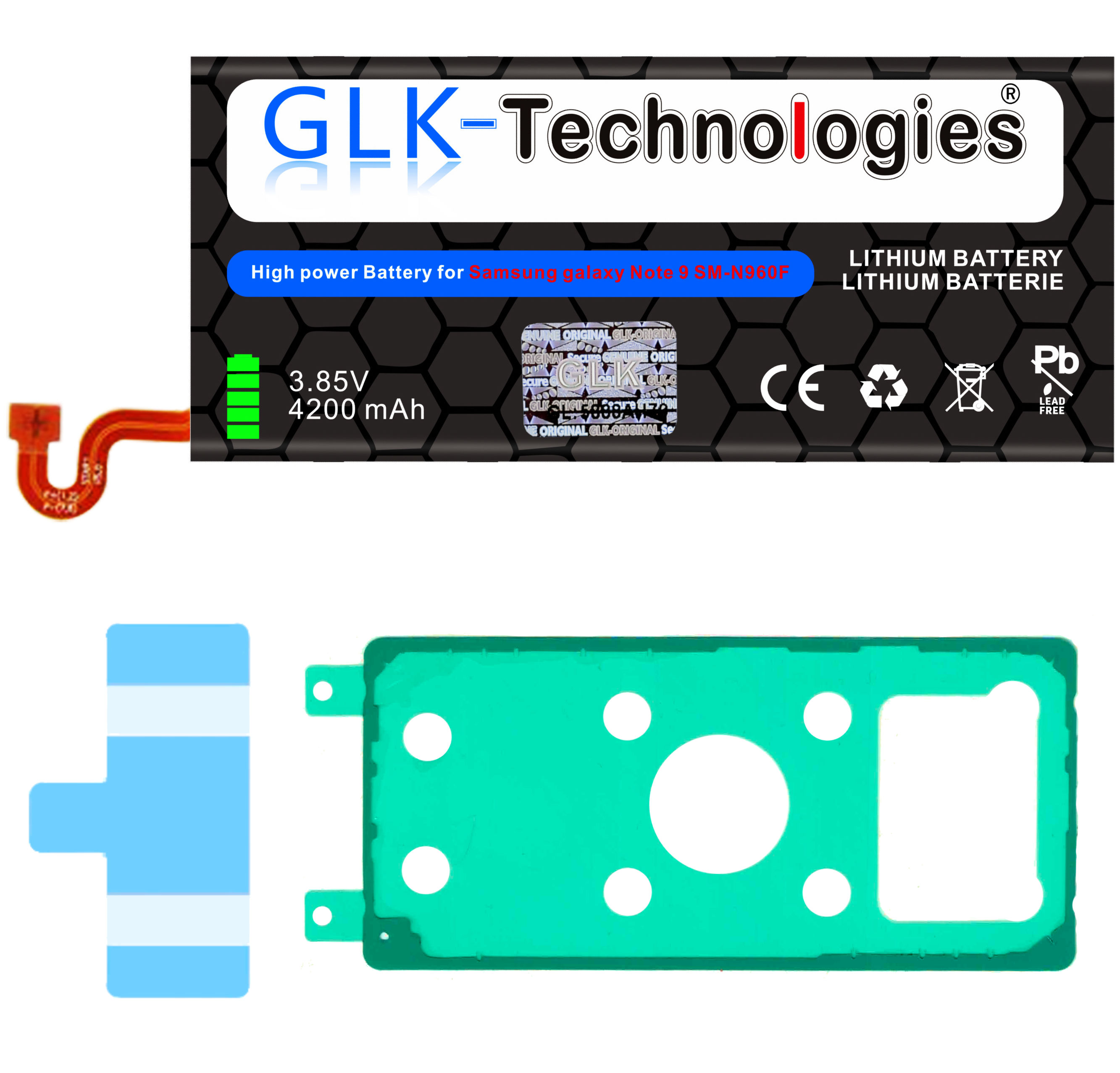Akku, grüner Aufkleber und ein rotes Kabel mit Stecker. Text: GLK-Technologies.