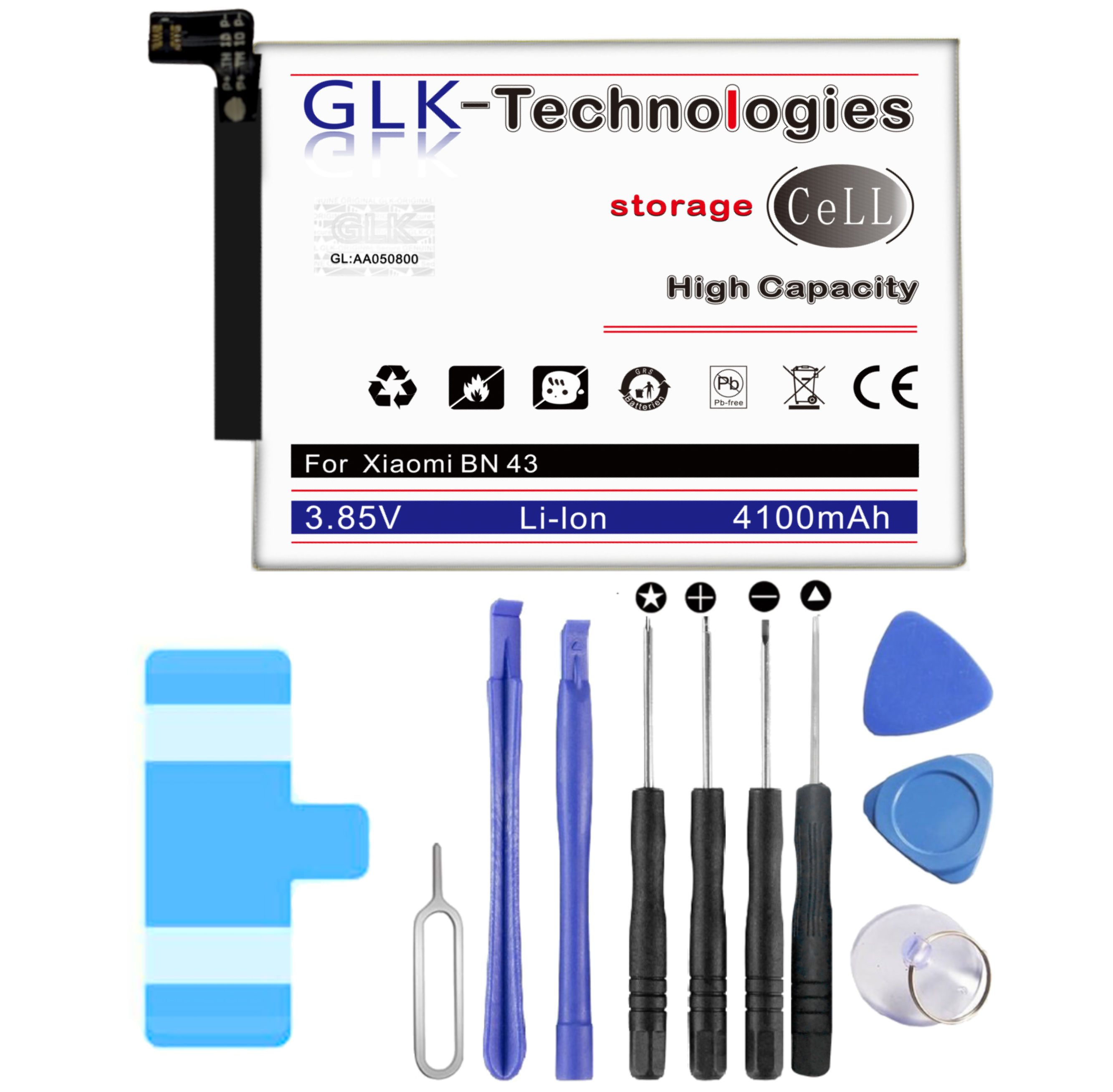 GLK-TECHNOLOGIES High Smartphone Akku Ersatz mAh Ersatz Battery Set REDMI Li-Ion inkl. Note Akku Power für Werkzeug 4100 BN43 4X Xiaomi