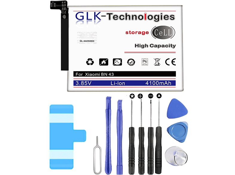Smartphone Note Akku Battery Ersatz Li-Ion Werkzeug REDMI Xiaomi 4100 High BN43 Set für 4X GLK-TECHNOLOGIES inkl. mAh Akku Ersatz Power