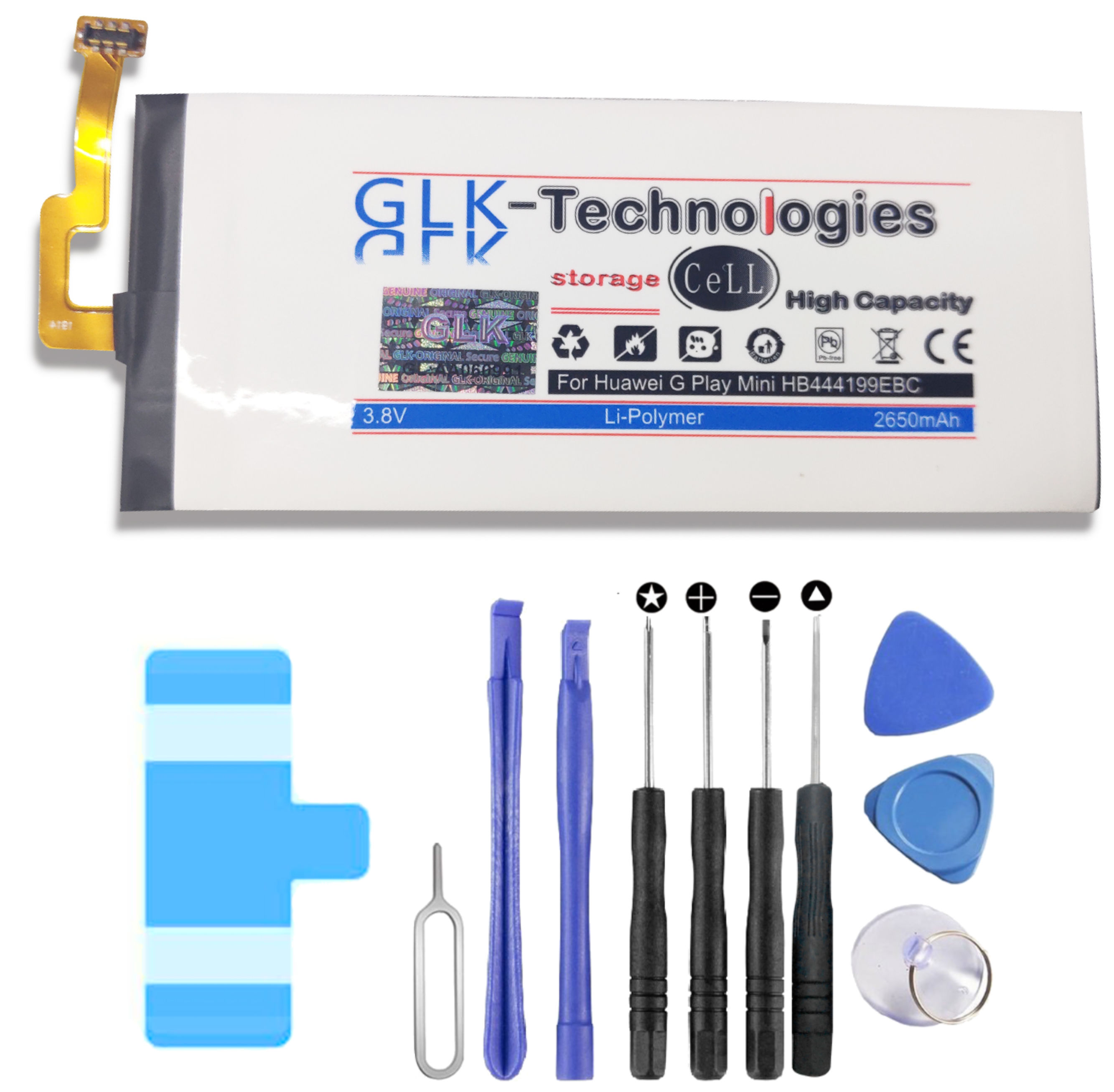 Mini Play GLK-TECHNOLOGIES Werkzeugset inkl | Honor Huawei Akku Li-Ion Ersatz | mAh Akku 4C 2650 HB444199EBC für G Smartphone