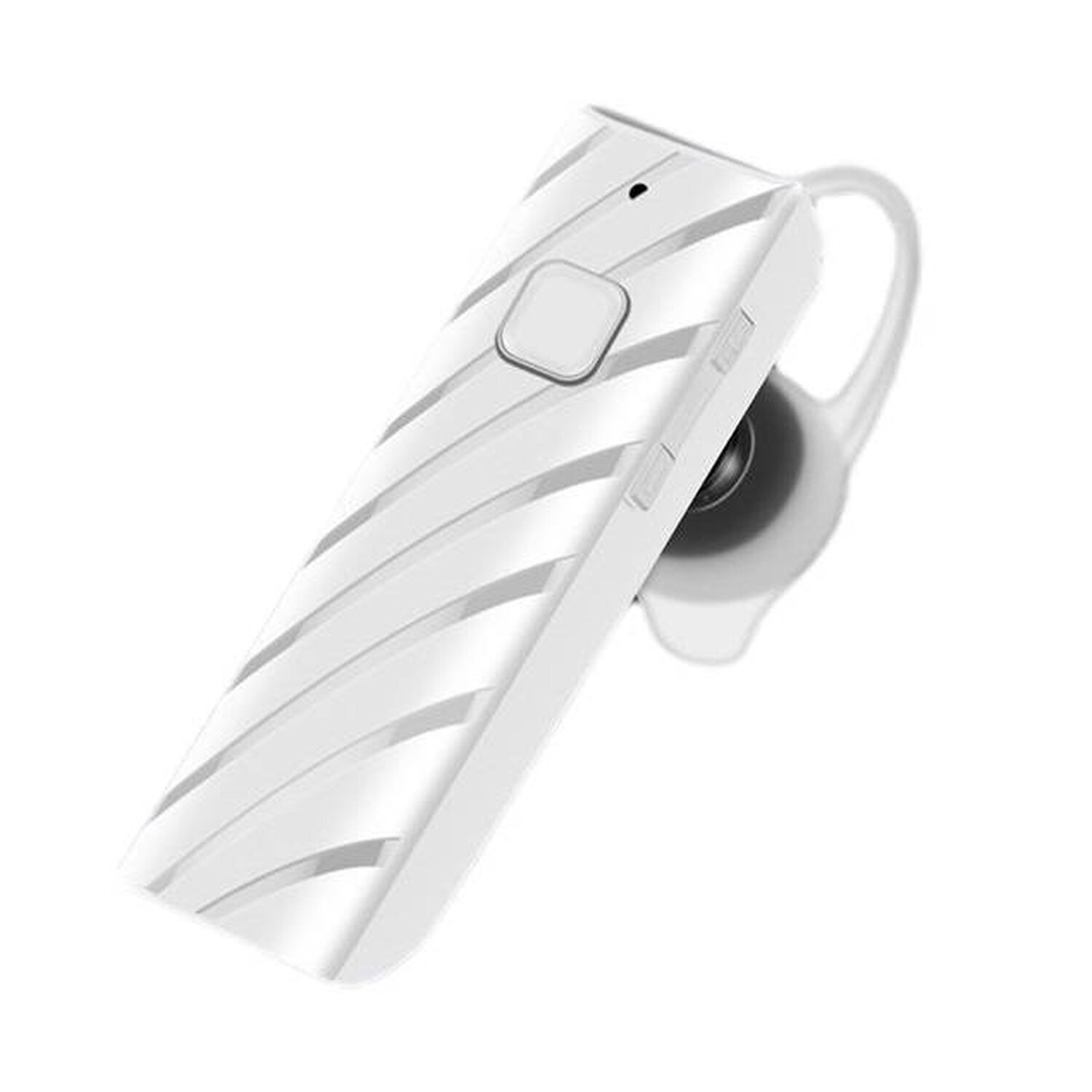 Weißes Bluetooth-Headset mit Ohrbügel, abgewinkelt und mit Taste. Isoliert auf weißem Hintergrund.