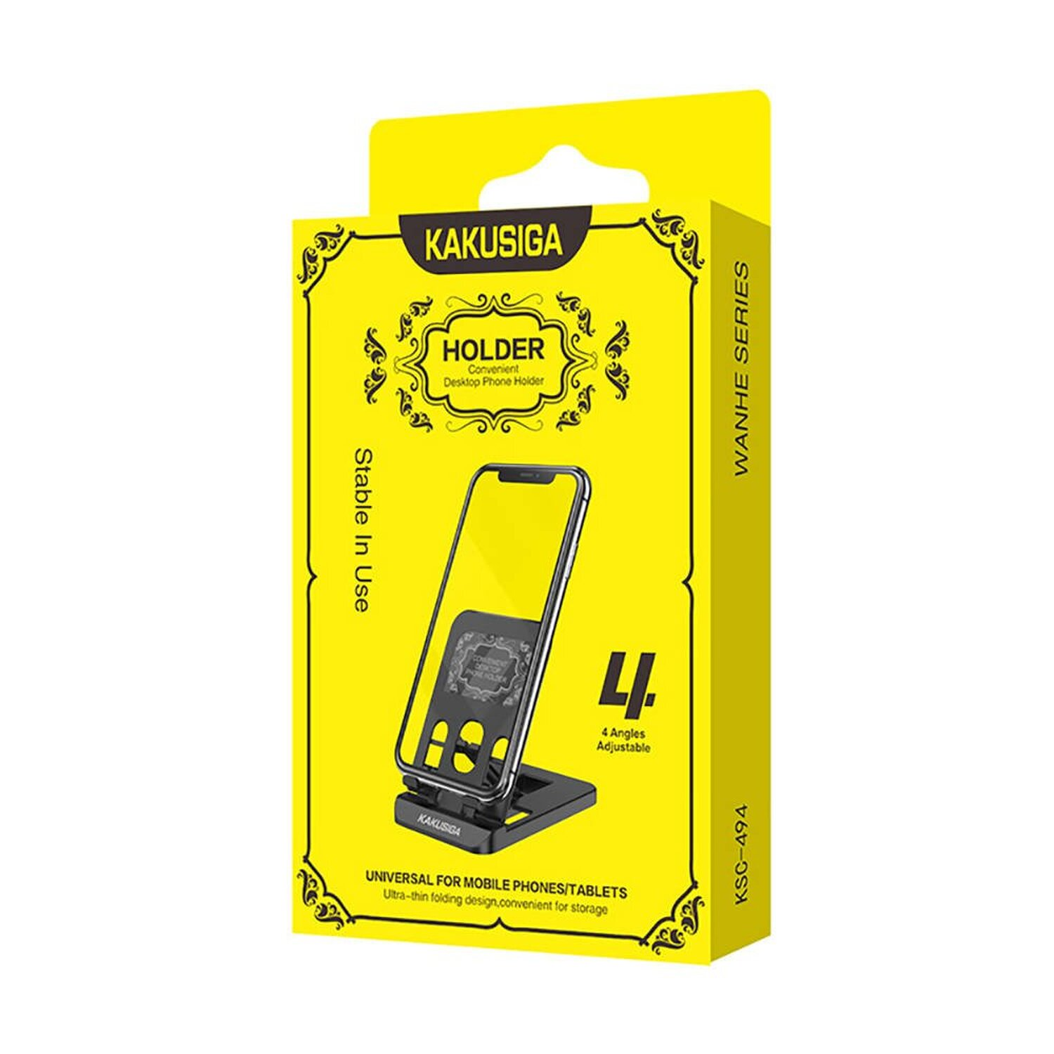 Gelb-schwarzer Telefonhalterkarton mit Telefonhalter und Text.