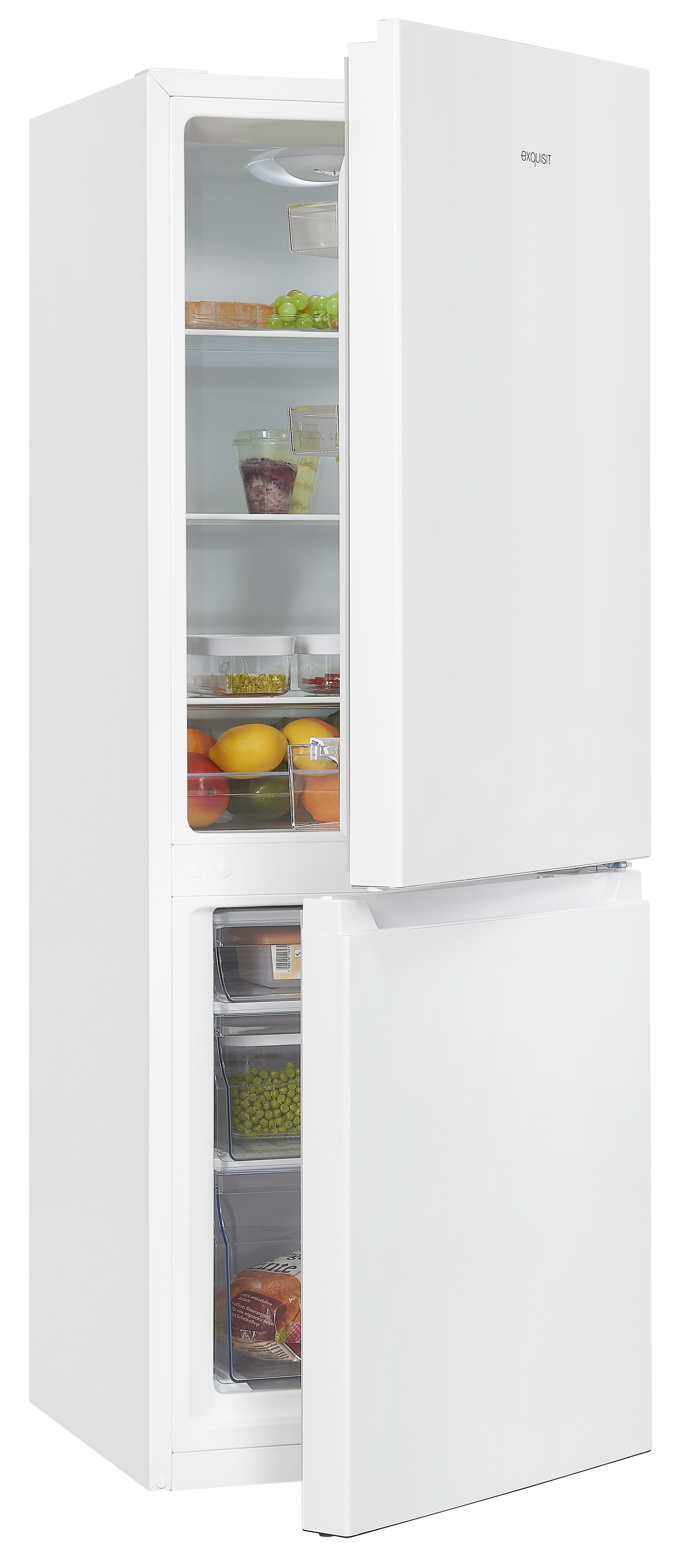 Ein weißer Kühlschrank mit geöffneten Türen, gefüllt mit Lebensmitteln und Getränken.