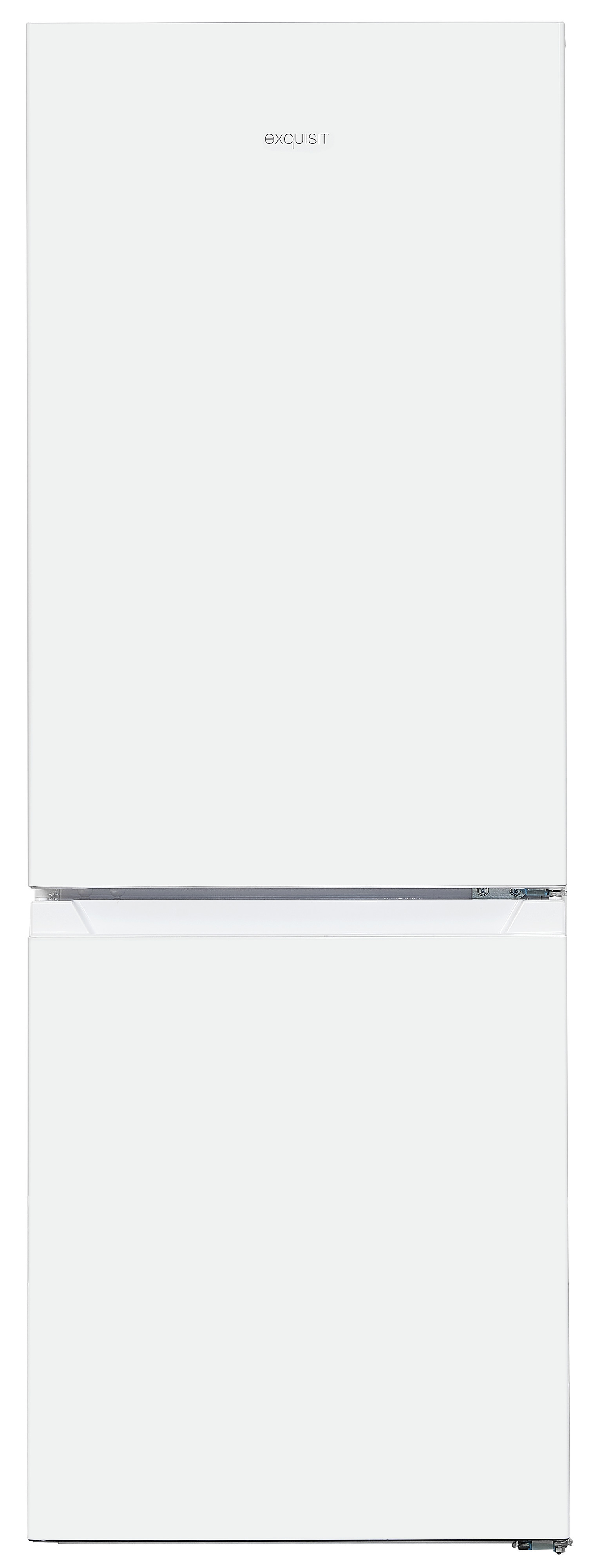 Weißer Kühlschrank mit oberem Gefrierfach und unterem Kühlschrank, minimalistisches Design.