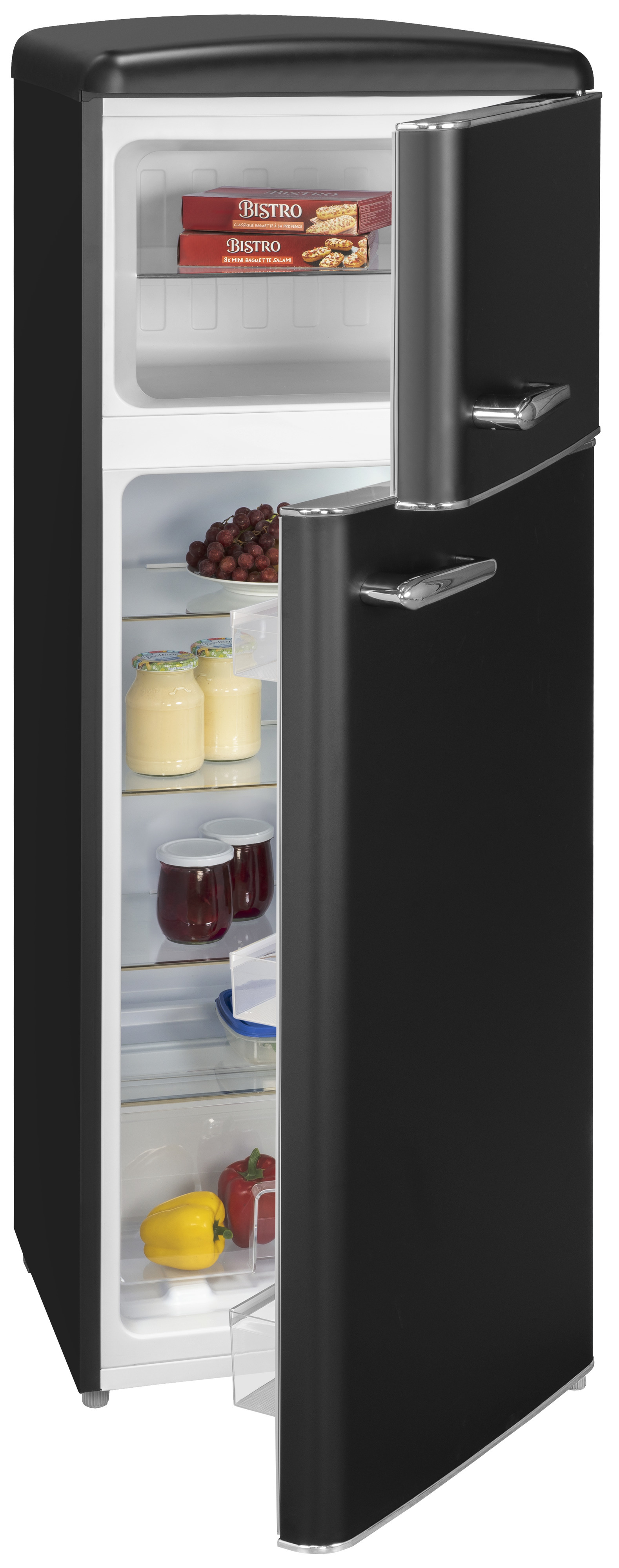 Refrigerador negro de estilo retro con la puerta abierta. En el interior hay frutas, frascos y otros alimentos.