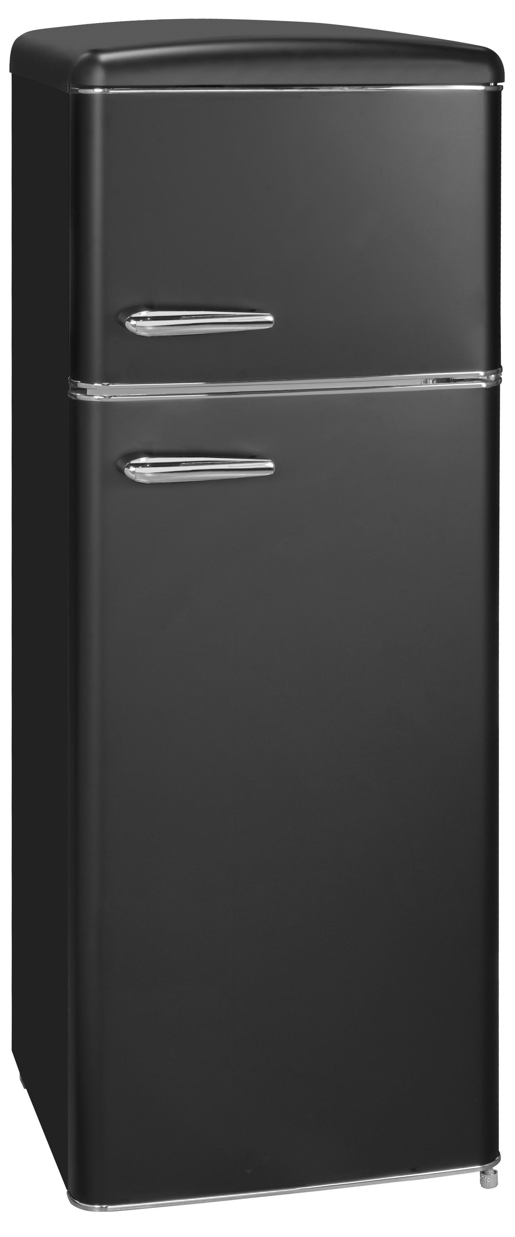 Refrigerador negro de estilo retro. Manijas y molduras cromadas. Fondo blanco.