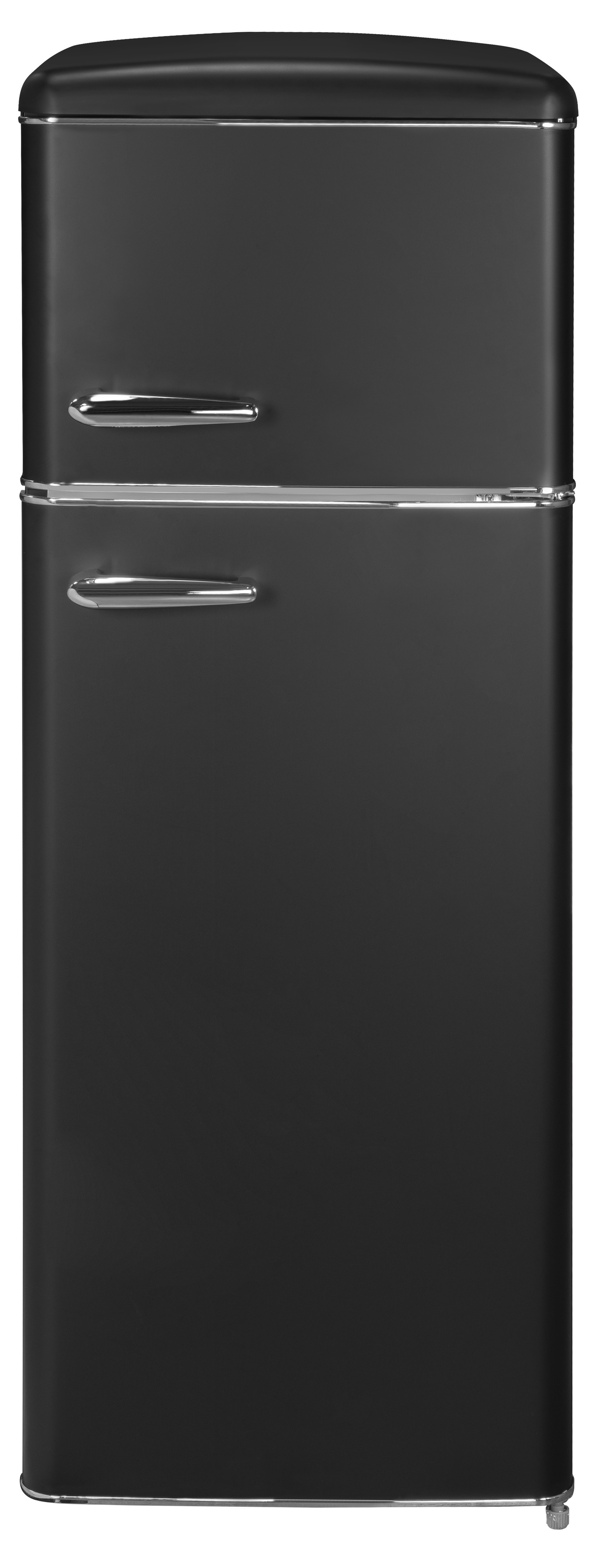 Un refrigerador retro negro con congelador superior.