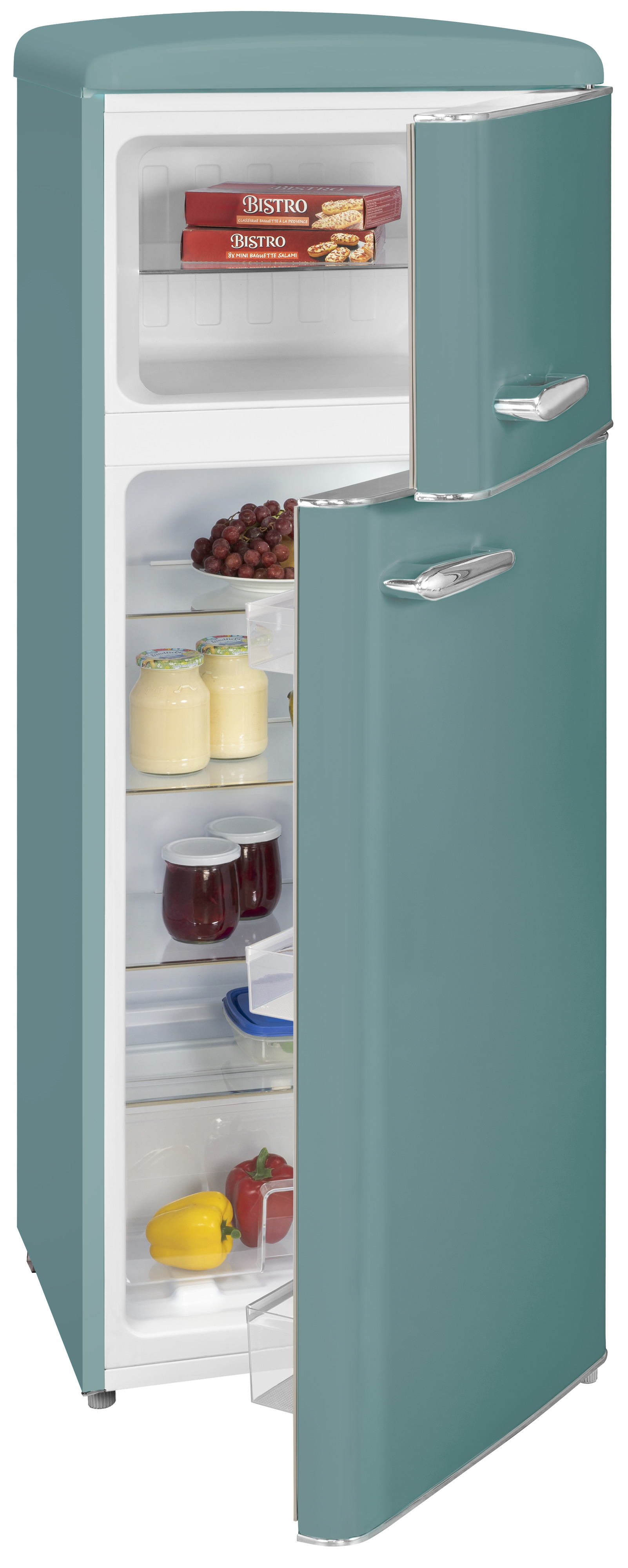 Refrigerador retro turquesa. La puerta está abierta. Dentro hay estantes con comida.