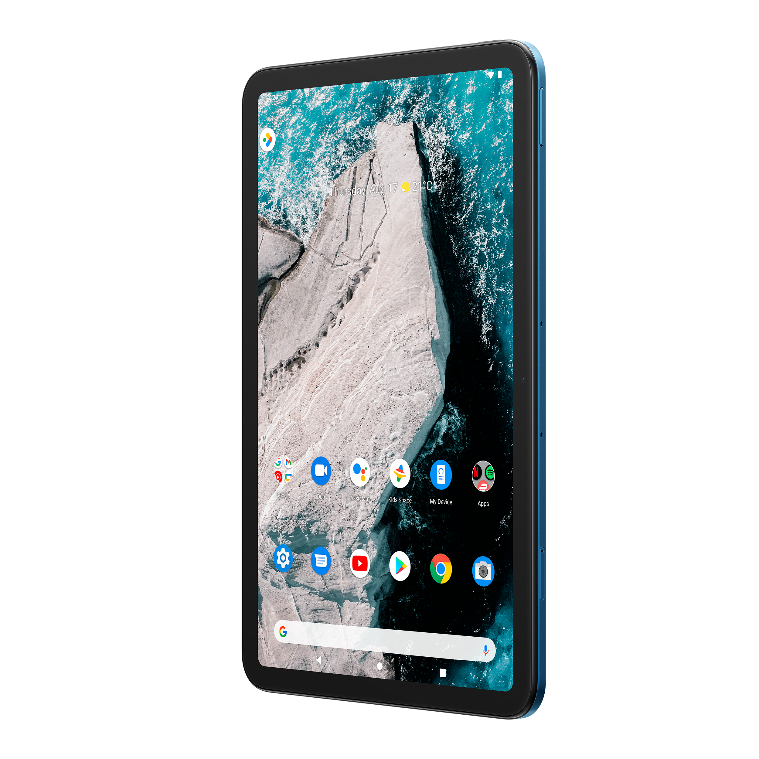 Blaues Tablet mit einem Bildschirm, der ein Bild einer felsigen Küste zeigt.
