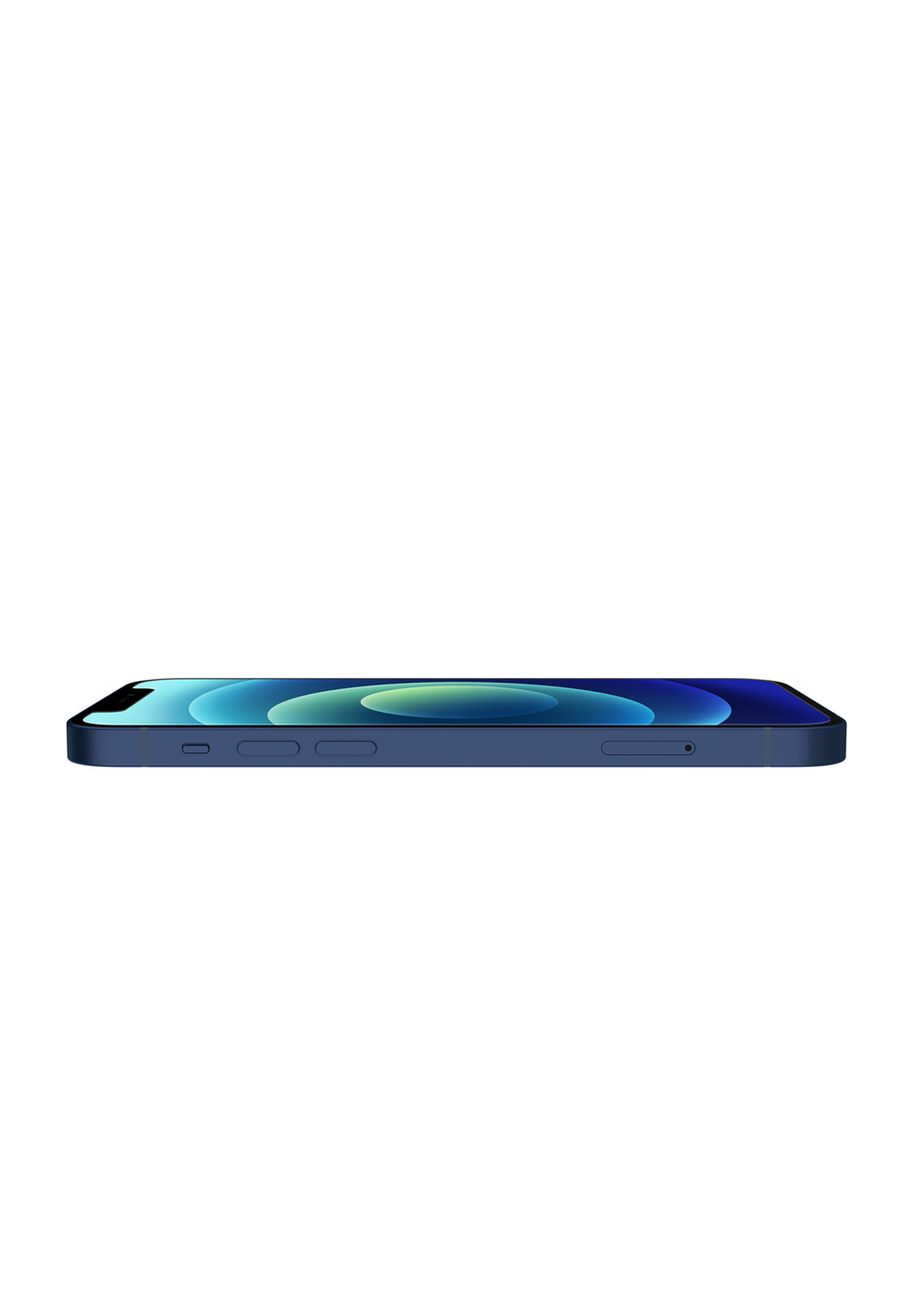 iPhone 12 blu, vista laterale, su sfondo bianco. Il telefono è orizzontale.