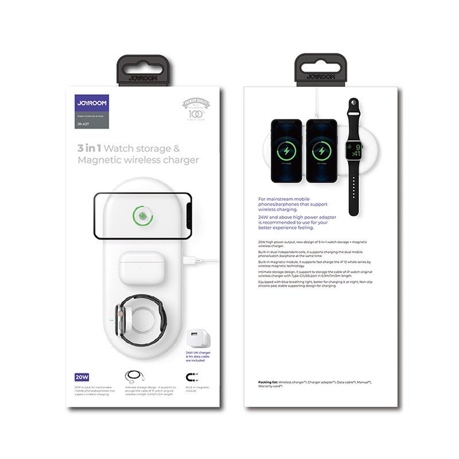 Eine weiße und schwarze 3-in-1-Uhrenaufbewahrung und ein magnetisches kabelloses Ladegerät, mit zwei Telefonen.