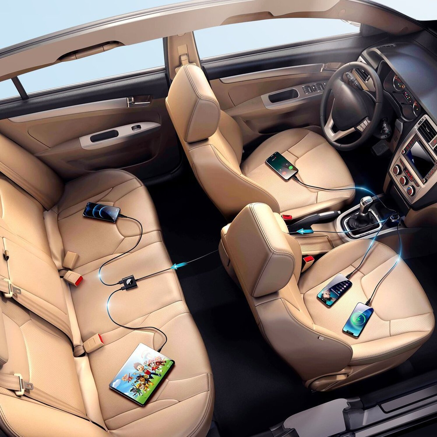 Wnętrze samochodu z ładującymi się telefonami. Telefony na siedzeniach są połączone z ładowarkami za pomocą kabli.