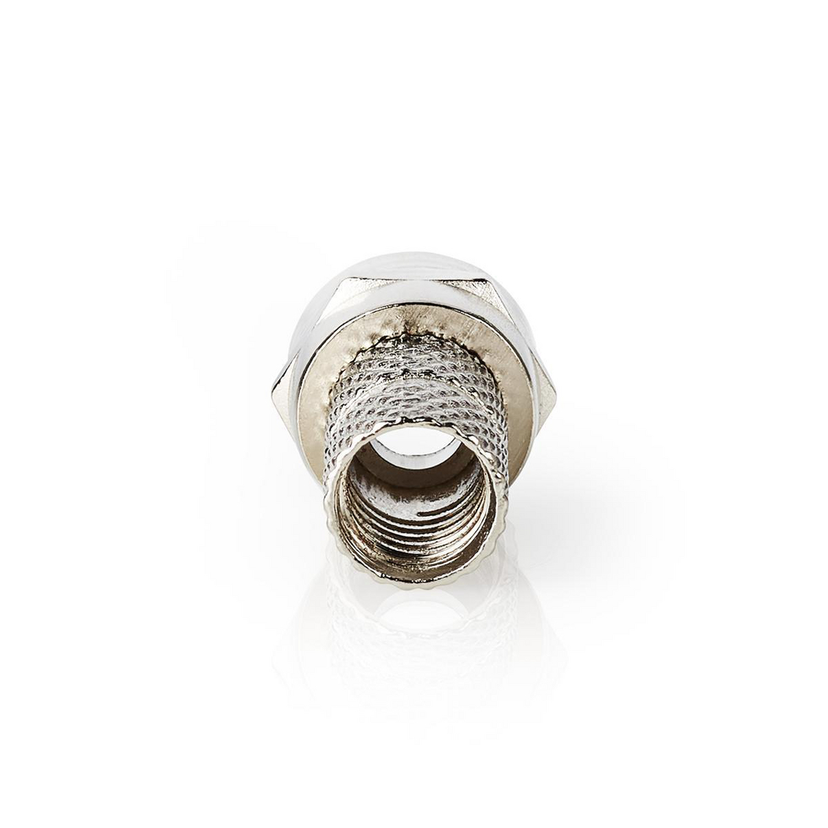 Metalen fitting, cilindrisch met een schroefdraadeinde, op een witte achtergrond.