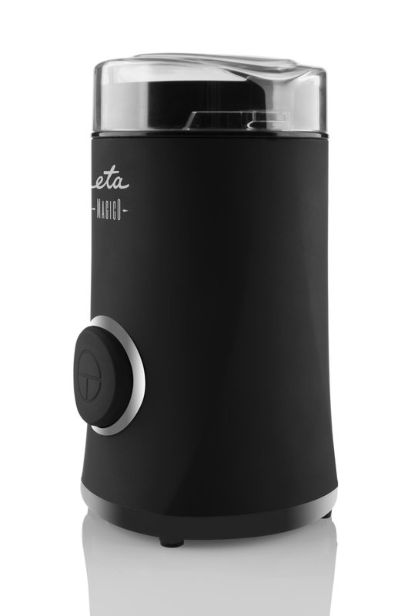 Schwarze elektrische Kaffeemühle mit Silberring und transparentem Deckel, auf weißem Hintergrund.