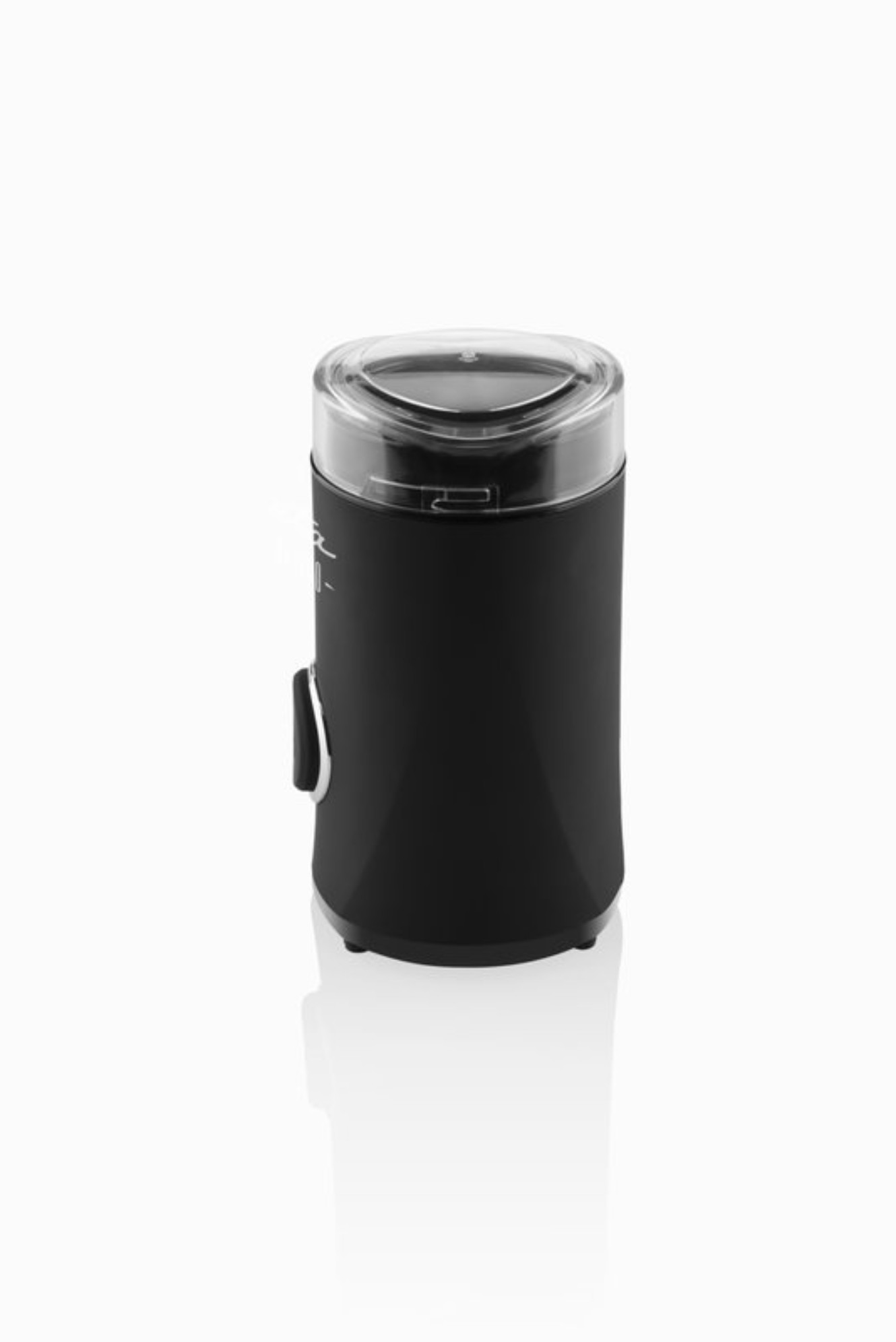 Eine schwarze Kaffeemühle mit transparentem Deckel, von oben betrachtet.
