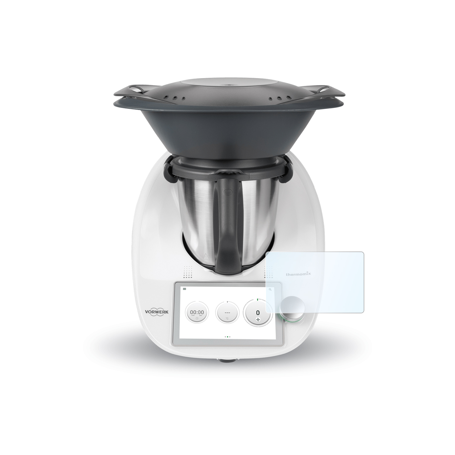 Weißes Küchengerät Vorwerk Thermomix. Es hat einen Touchscreen und eine silberne Rührschüssel.