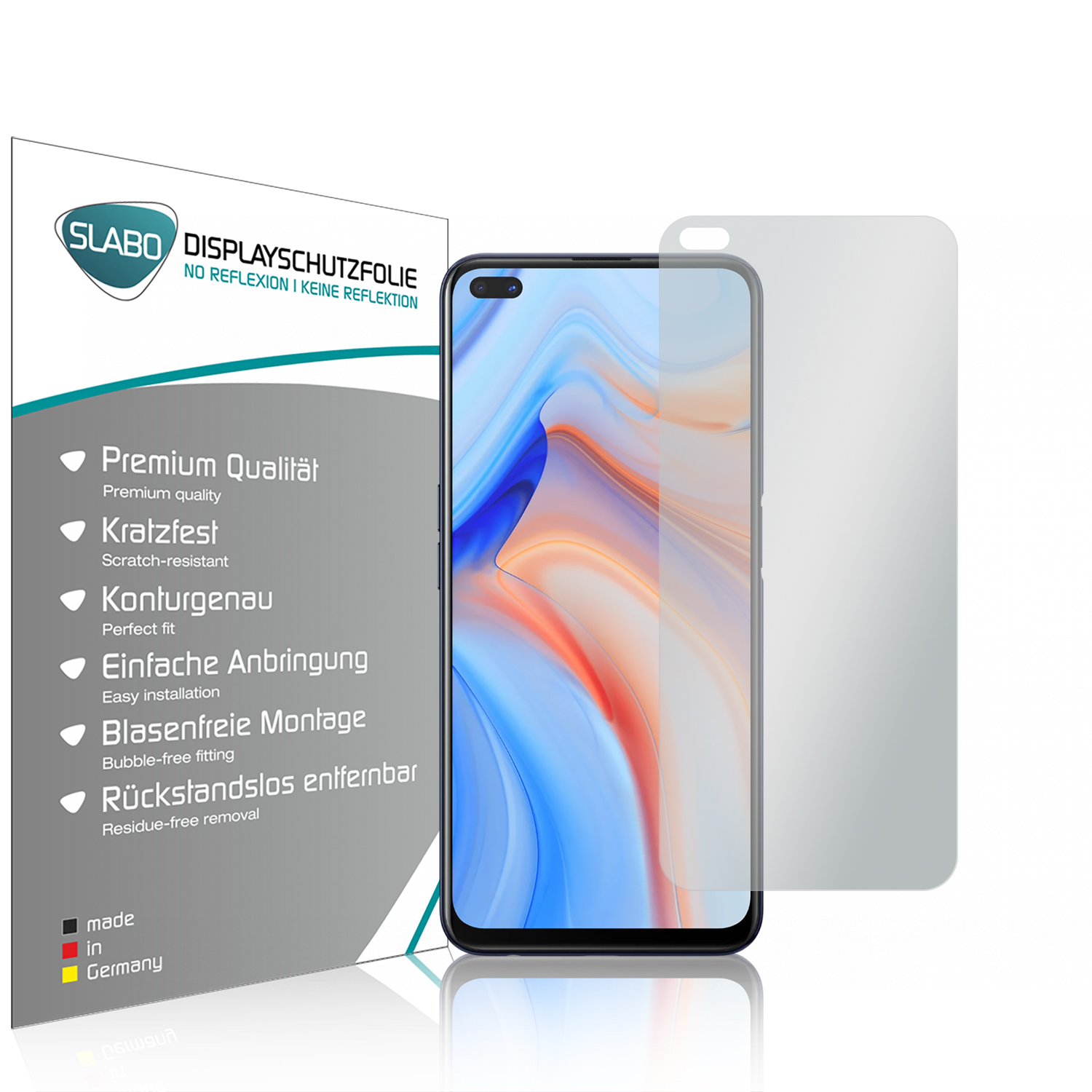 Telefon mit Displayschutzfolienverpackung. Weißer Hintergrund. Text auf der Verpackung.