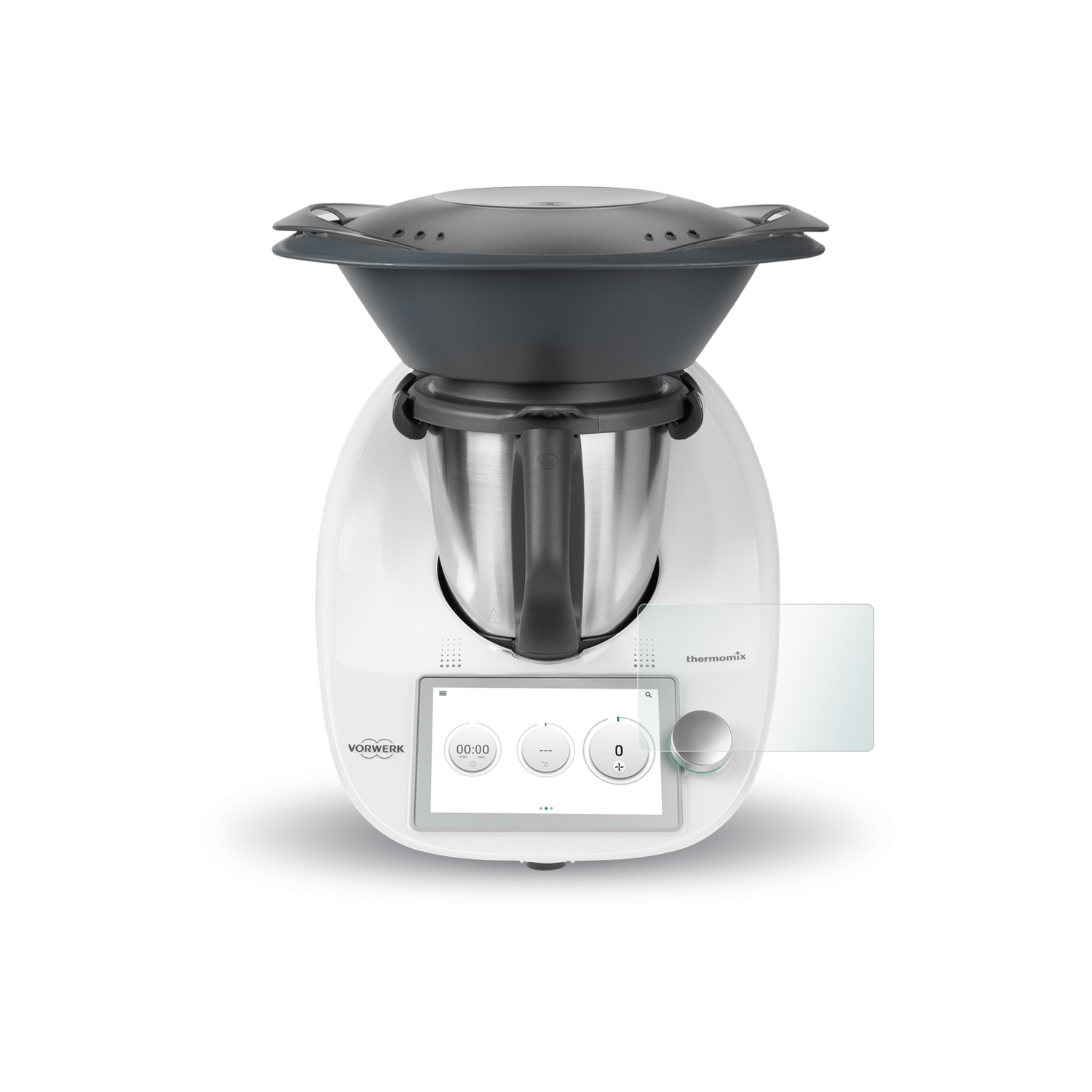 Weißer und silberner Foodprocessor mit digitalem Bildschirm. Schwarzer Deckel mit zwei Griffen. Weißer Hintergrund.