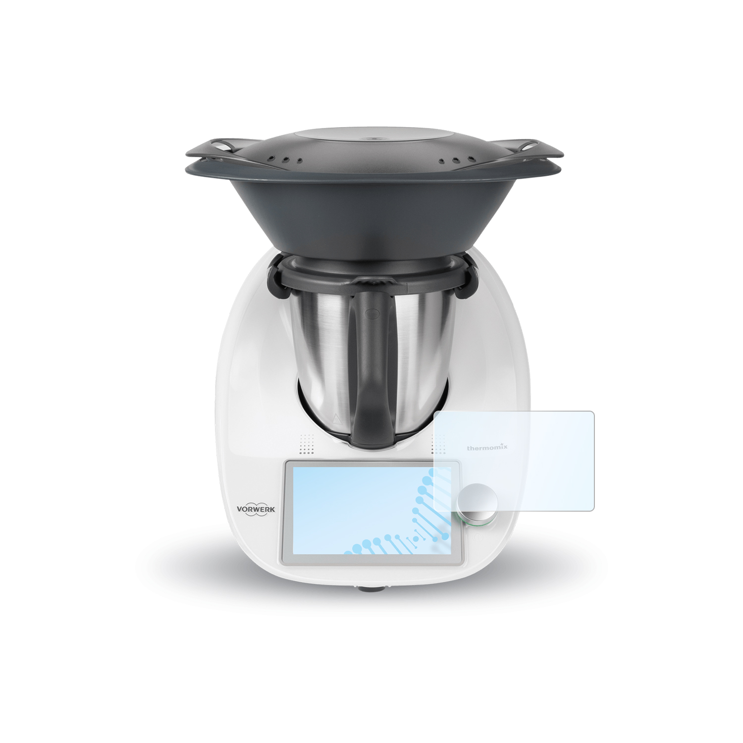 Weiße Küchenmaschine mit schwarzem Deckel und digitalem Display. Ein Vorwerk-Logo ist sichtbar.