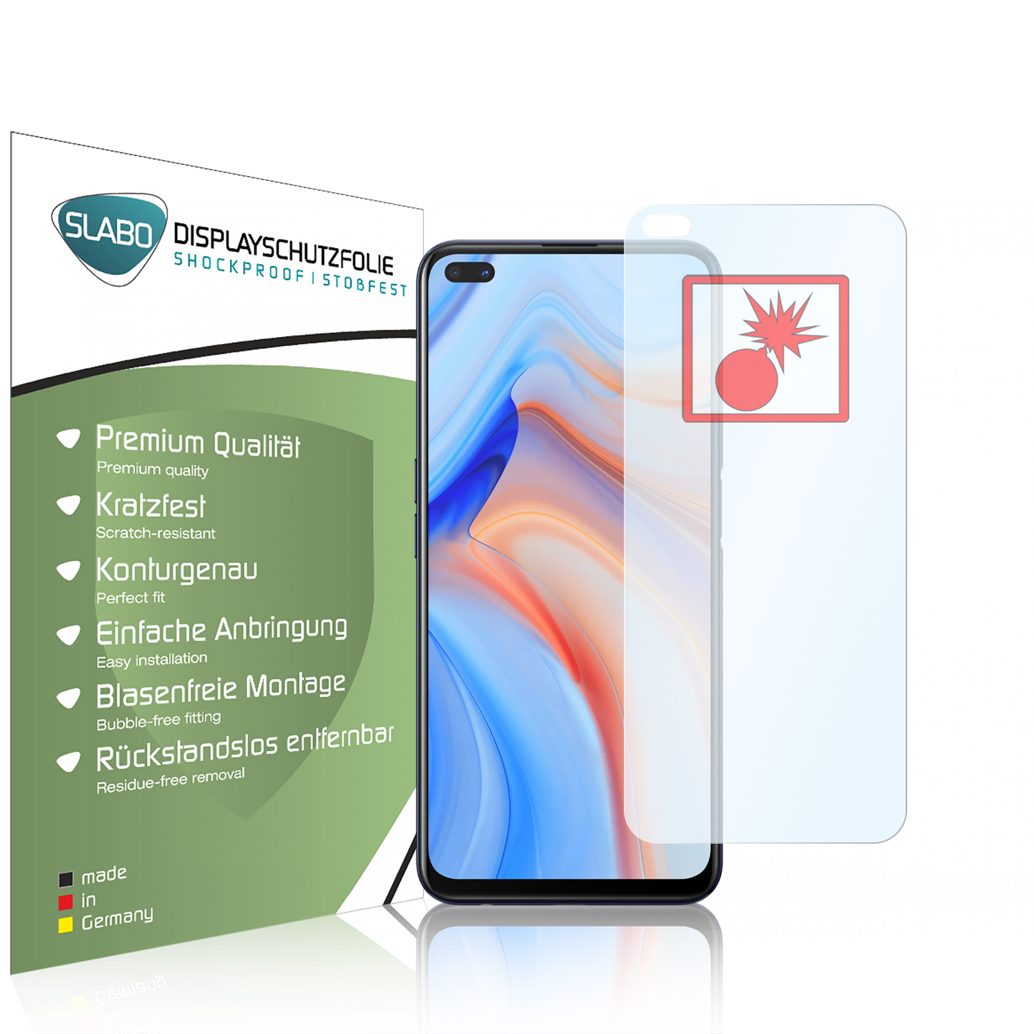 Ein Telefon mit Displayschutzfolie und einer Box. Der Displayschutz ist transparent.
