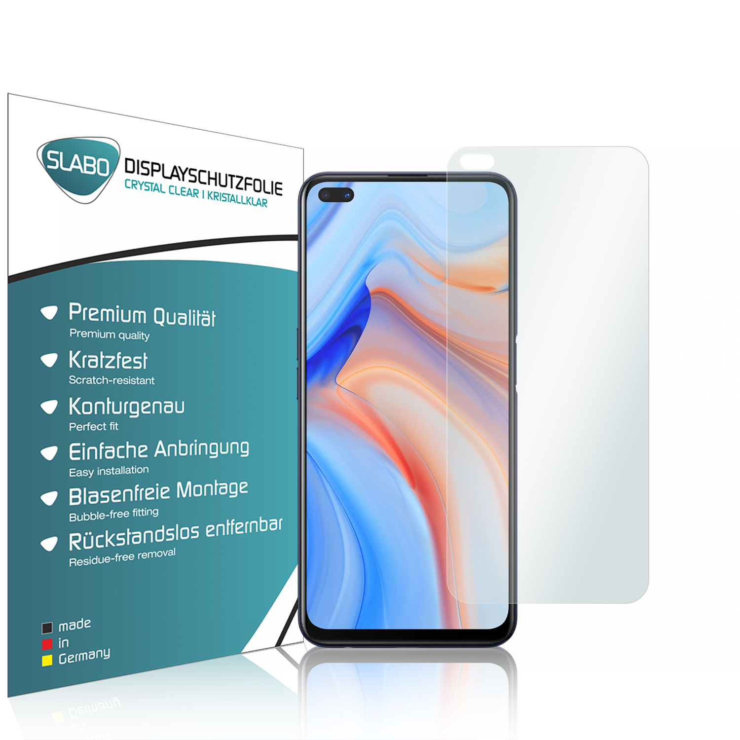 Telefon und Displayschutzfolienverpackung. Der Schutz ist klar und das Telefon ist schwarz.