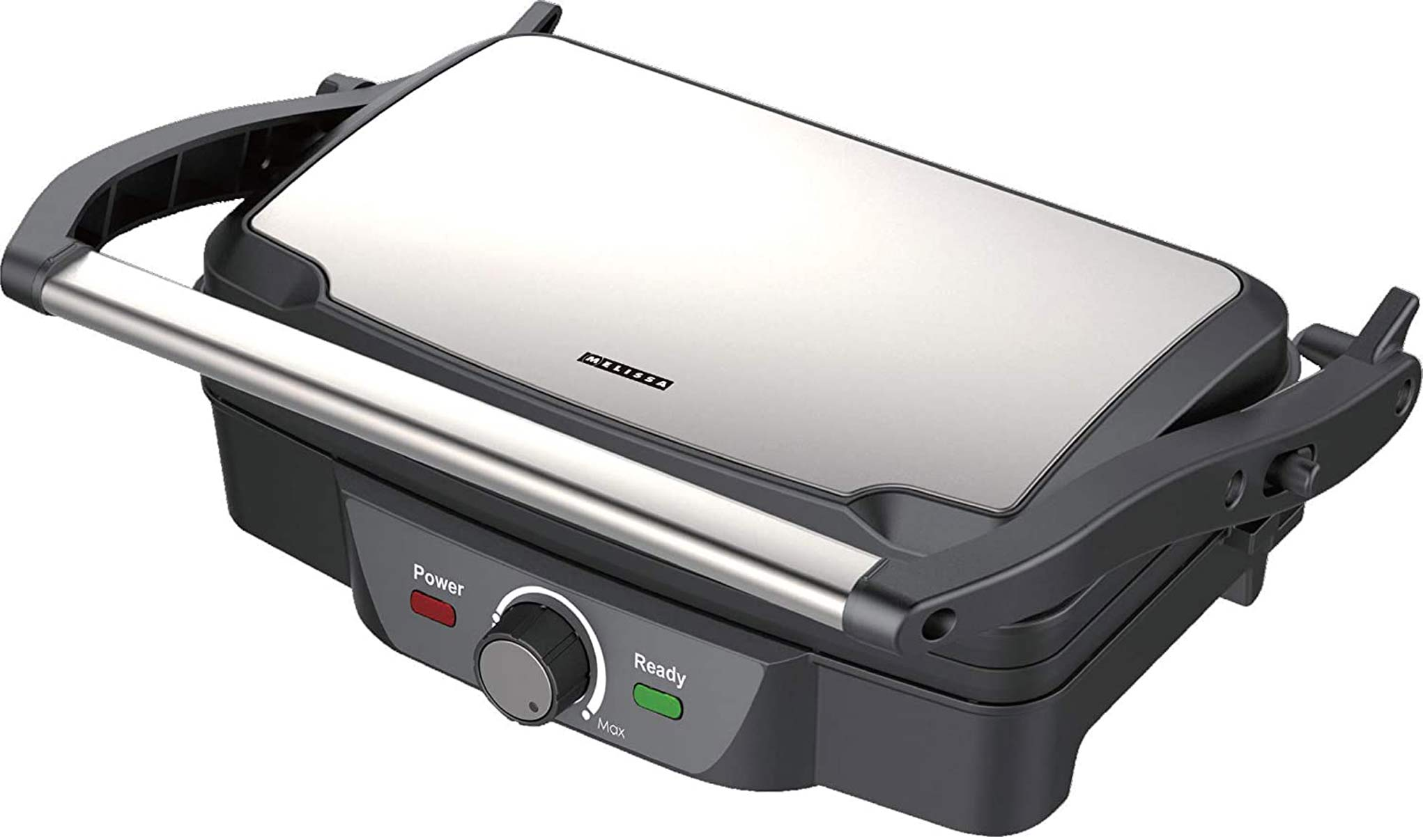 Grill elektryczny MELISSA 16240108, 1600 W, otwierany 180°, regulacja temperatury, powłoka nieprzywierająca, tacka Czarno-srebrny