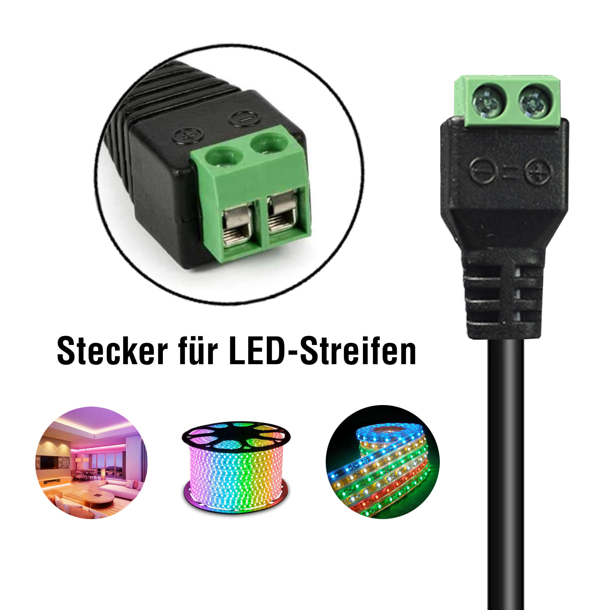 LED-Streifen-Anschluss mit schwarzem Kabel und verschiedenen LED-Streifen und deren Anwendungen.