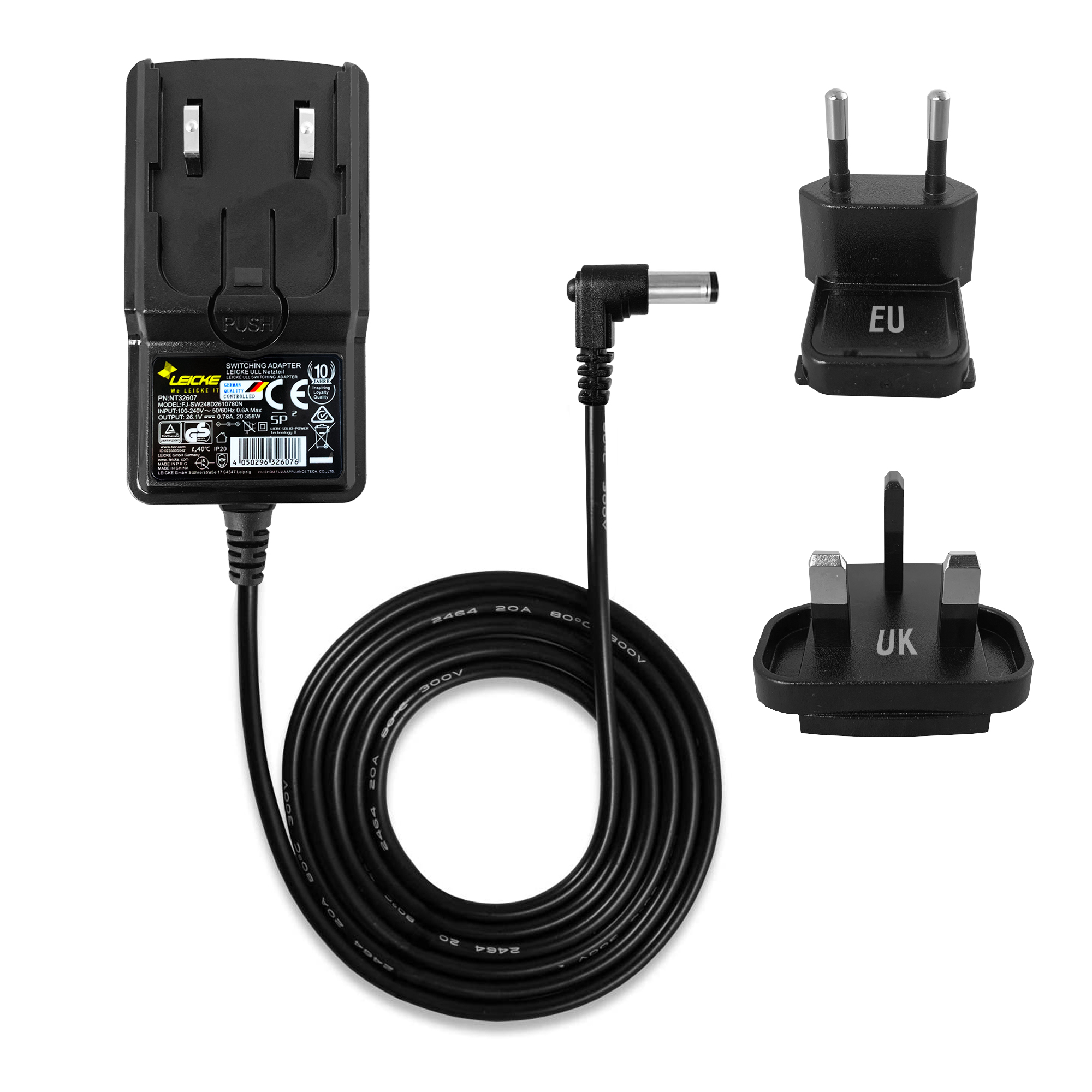 Schwarzes Netzteil mit verschiedenen Steckdosenadaptern und Kabel.