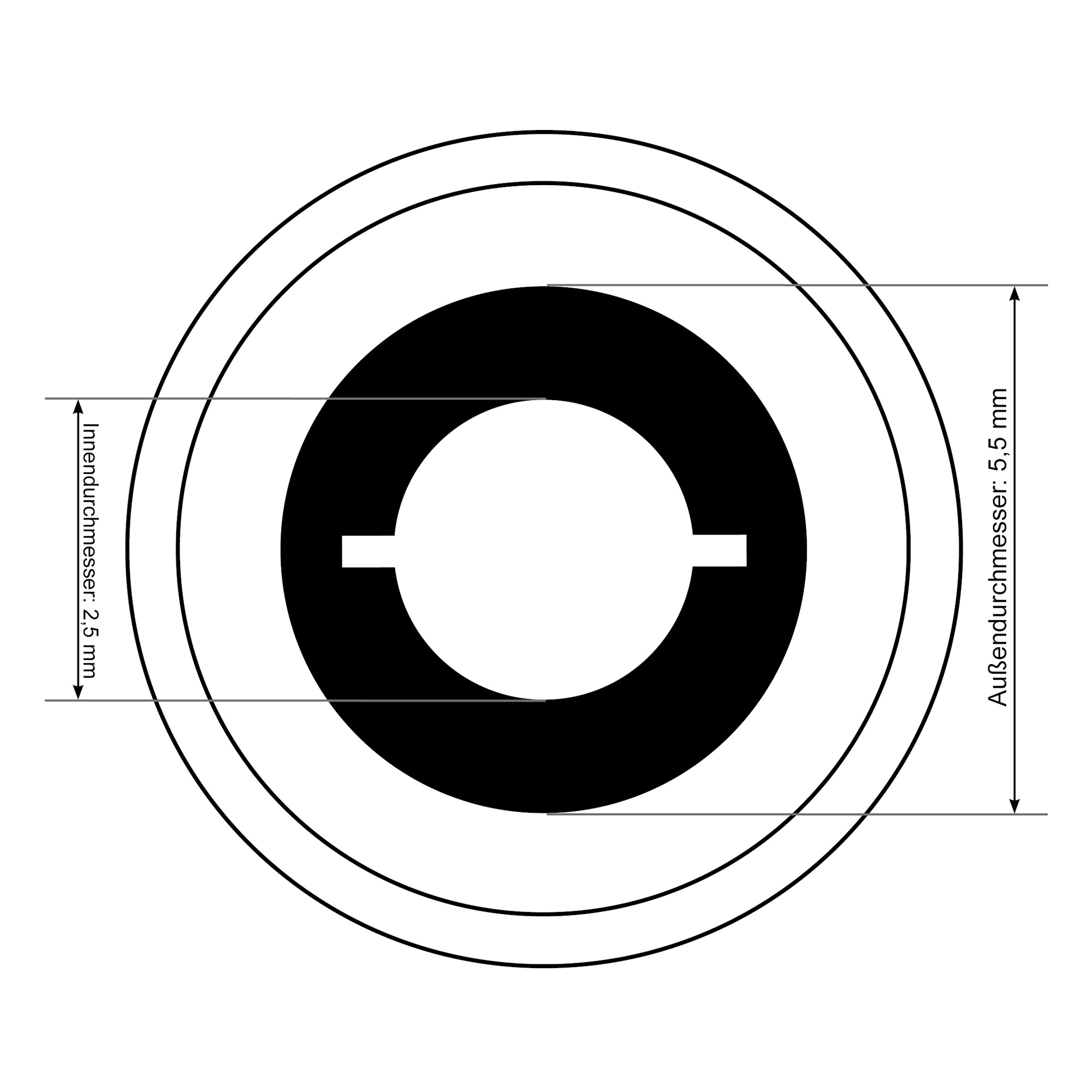 Schwarz-weiß-Diagramm eines Kreises mit zwei Linien, das innen 2,5 mm und außen 5,5 mm misst.