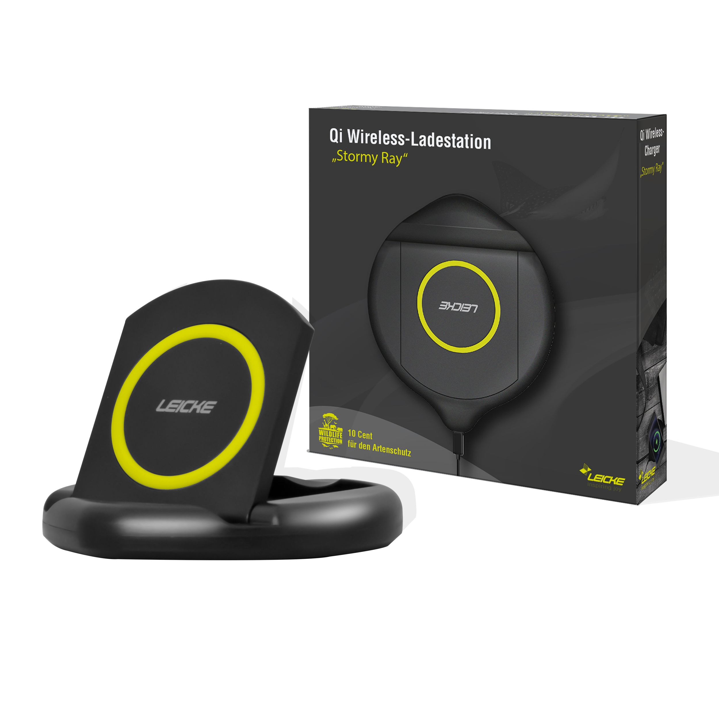 Ein schwarzes kabelloses Ladegerät mit gelben Akzenten und eine Box. Die Box sagt 'Qi Wireless Charger'.