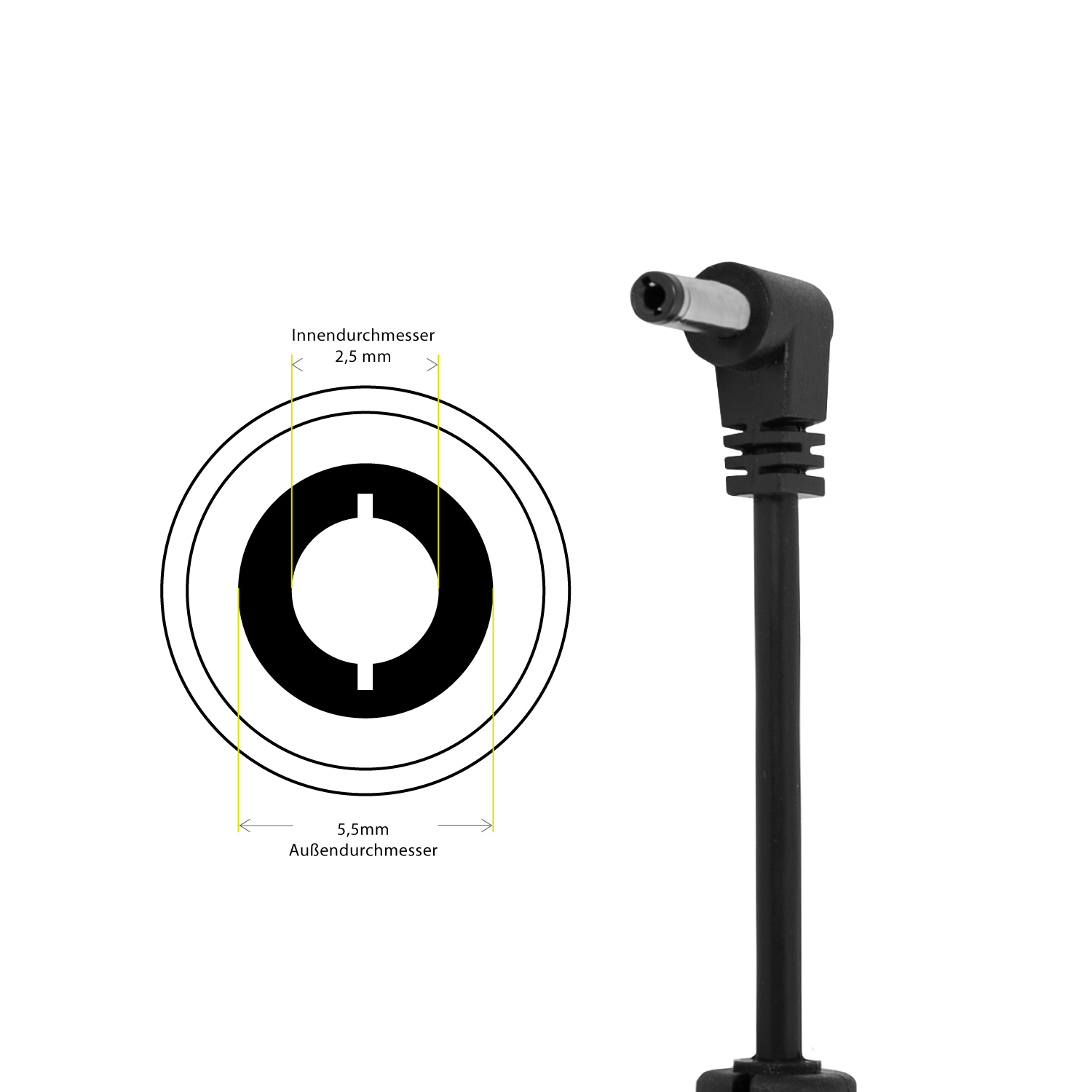 Nahaufnahme eines schwarzen Stromanschlusses mit 2,5 mm Innen- und 5,5 mm Außendurchmesser.