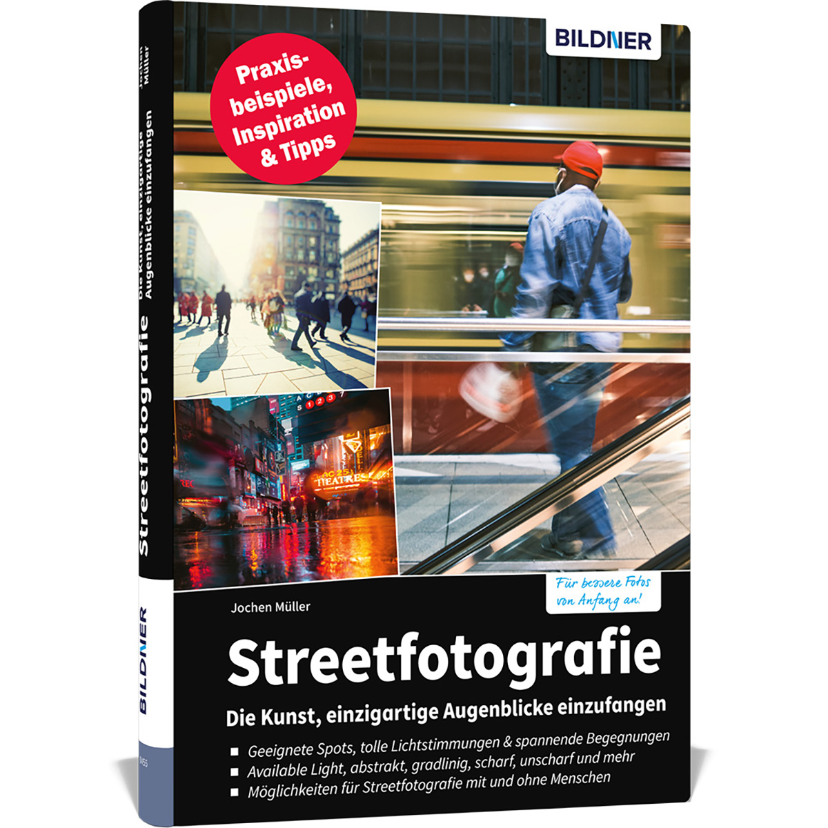 Buchcover mit dem Titel "Streetfotografie". Enthält Bilder und Text auf Deutsch. Ein Mann mit rotem Hut.