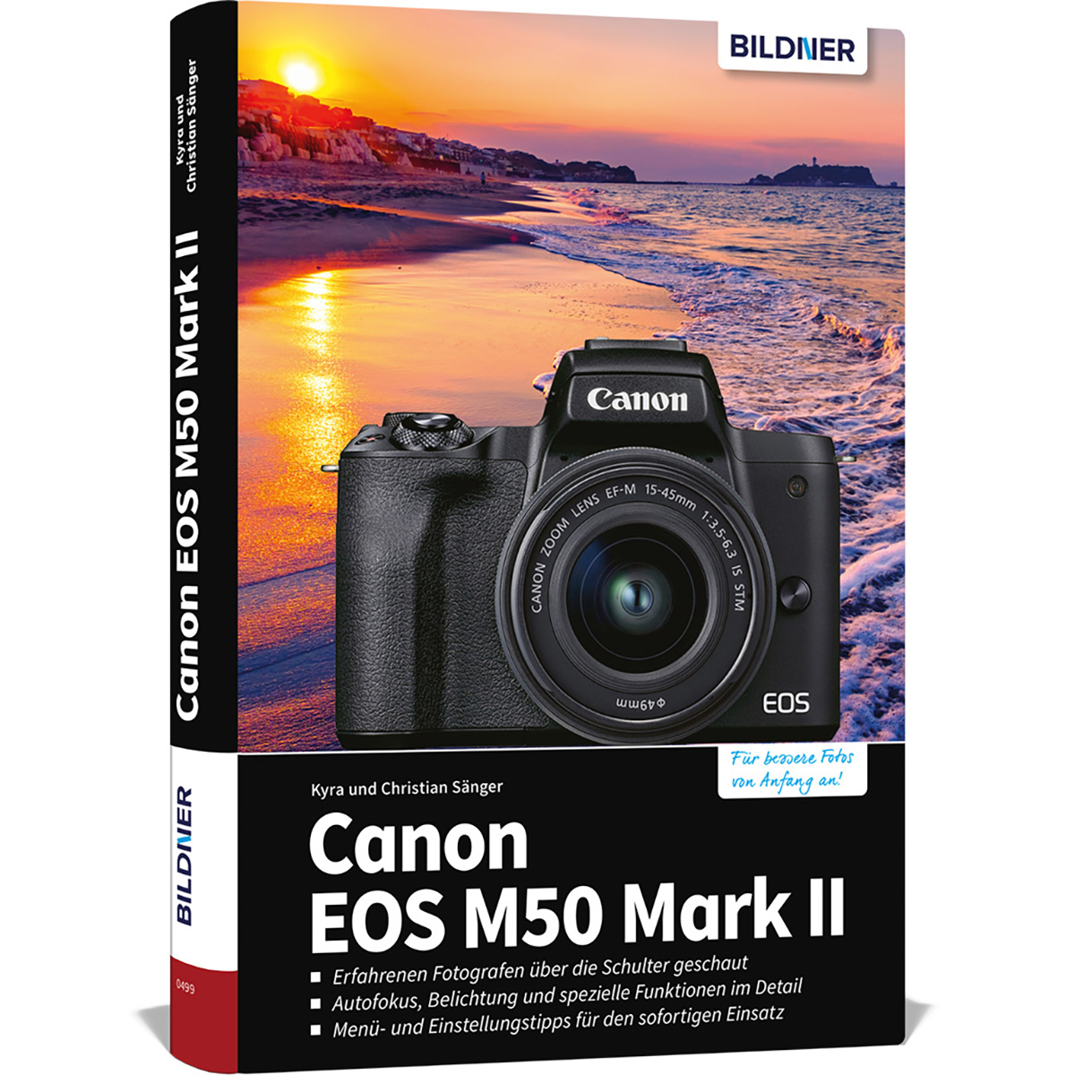 Buchcover mit einem Bild der Canon EOS M50 Mark II Kamera am Strand. Text beschreibt den Inhalt.