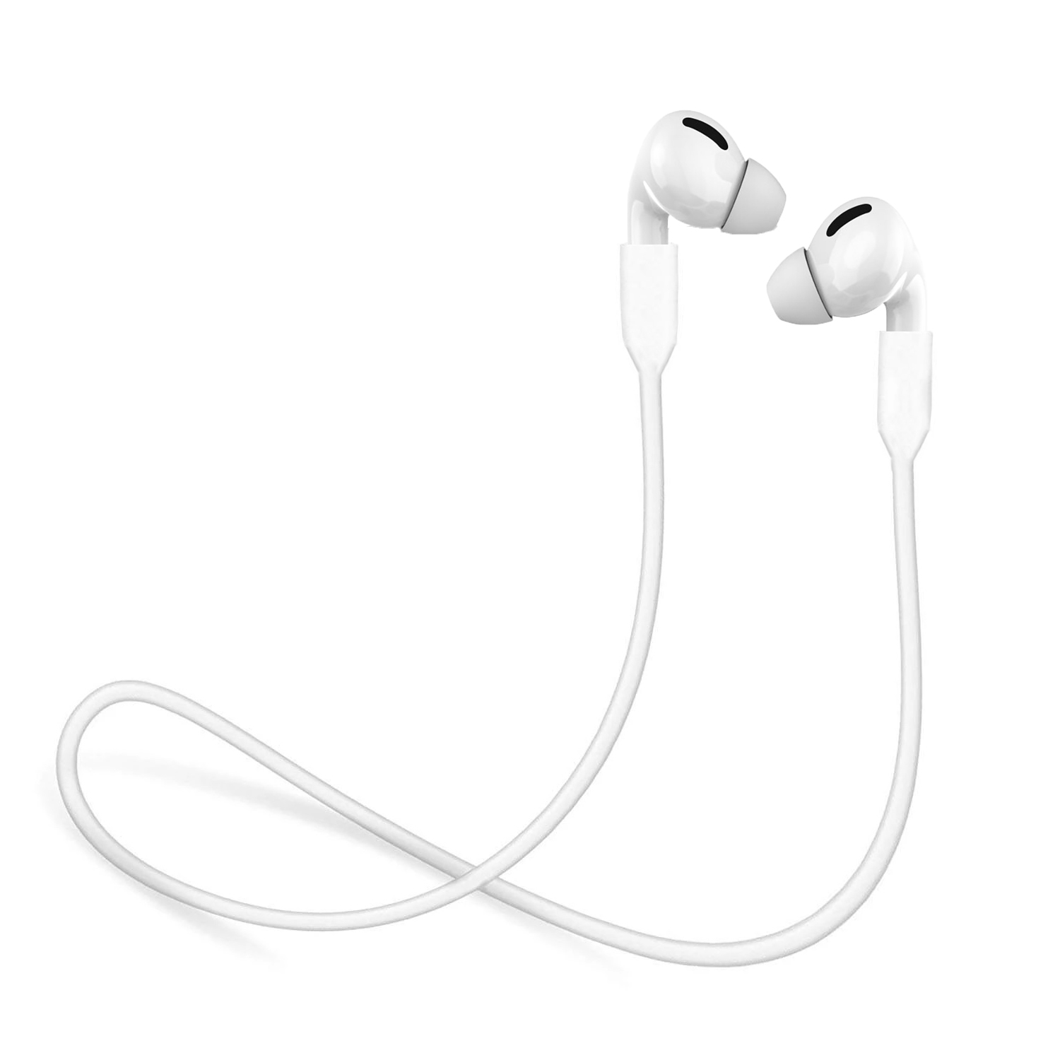 Weiße kabellose Ohrhörer, verbunden durch ein weißes Kabel, liegen auf weißem Untergrund.