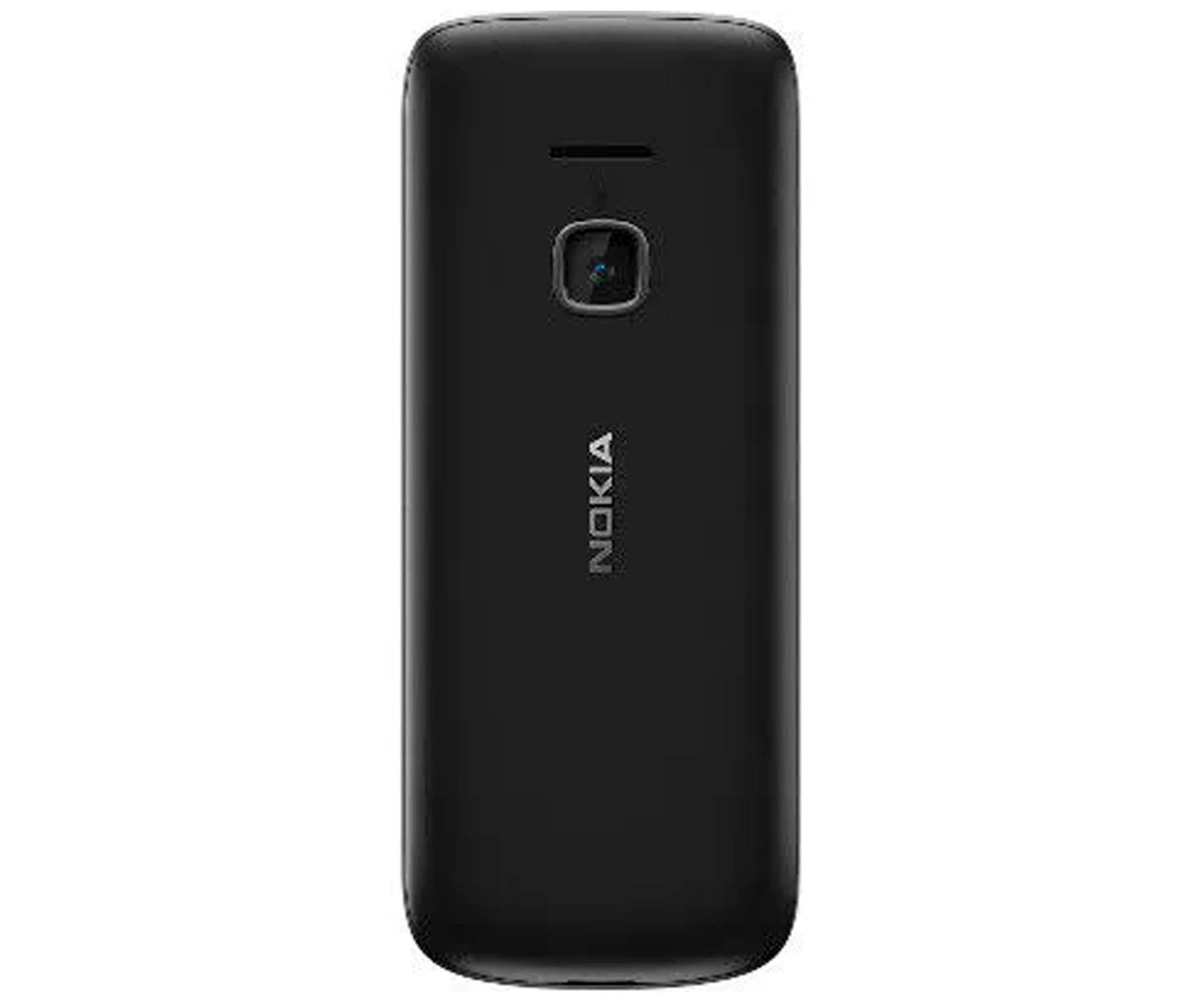 Teléfono Nokia negro, vista trasera, sobre un fondo blanco.