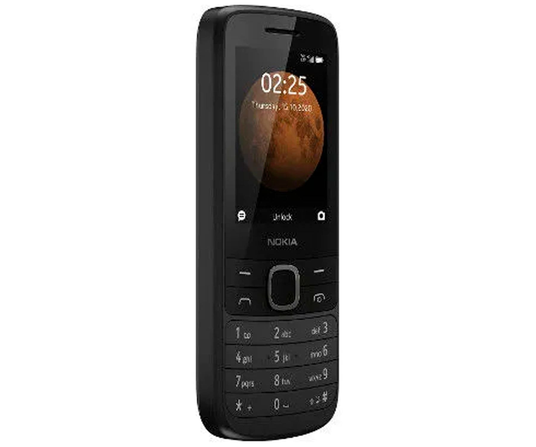 Teléfono Nokia negro con pantalla que muestra la hora y una imagen de la luna. Tiene teclado.