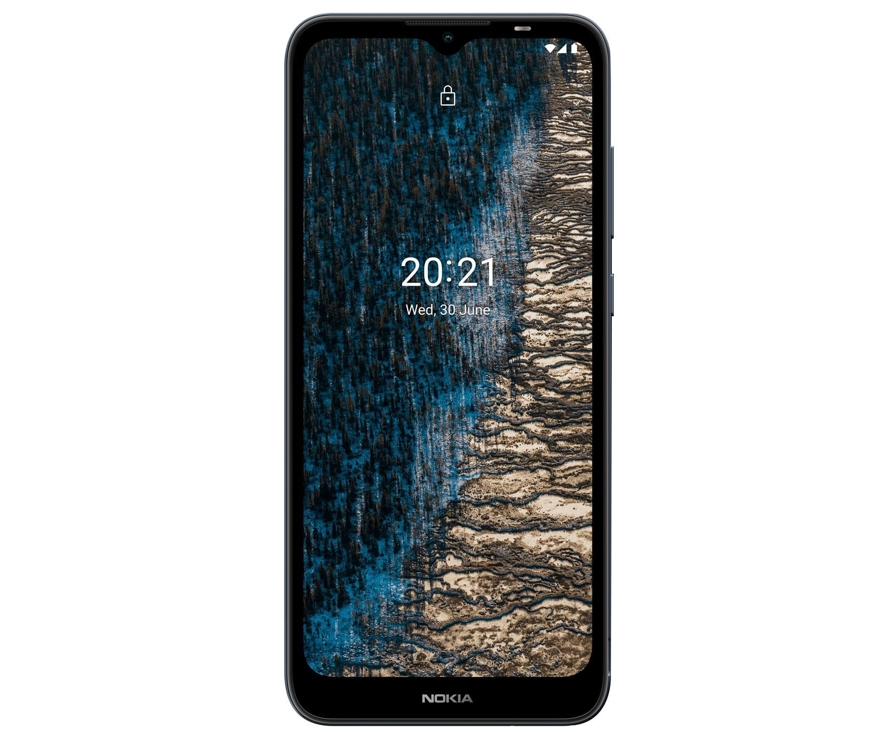 Czarny smartfon Nokia, ekran wyświetla ciemnoniebieski i brązowy krajobraz. Godzina: 20:21, środa, 30 czerwca.