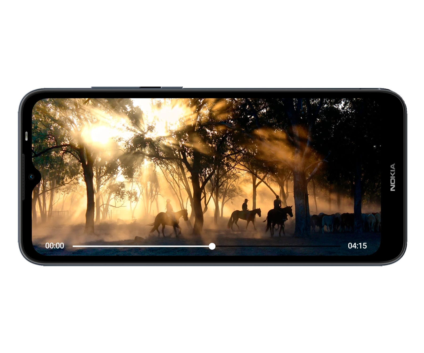 Telefon Nokia wyświetlający wideo z końmi na polu.