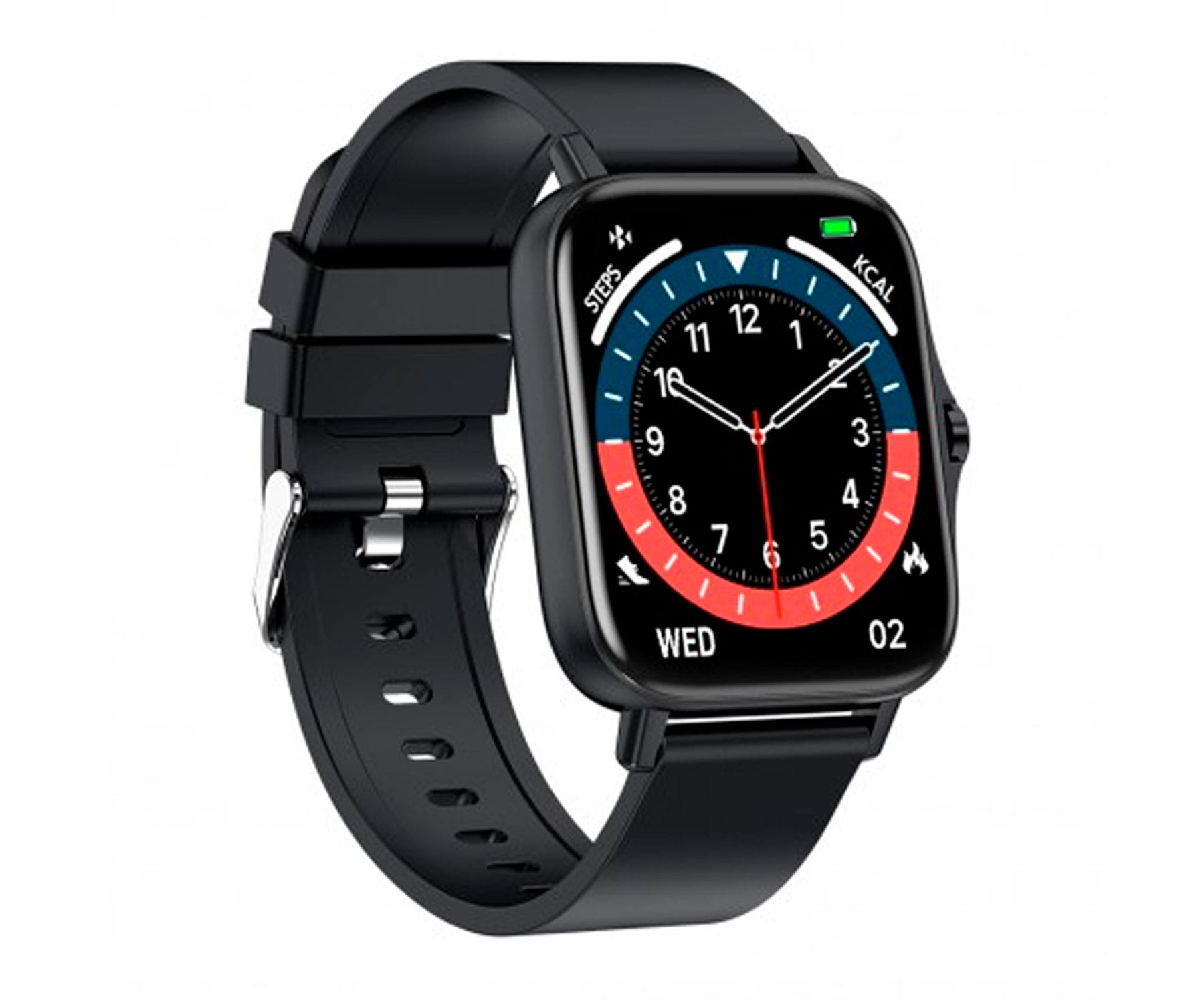 Schwarze Smartwatch mit schwarzem Armband, zeigt Uhrzeit und Gesundheitsdaten.