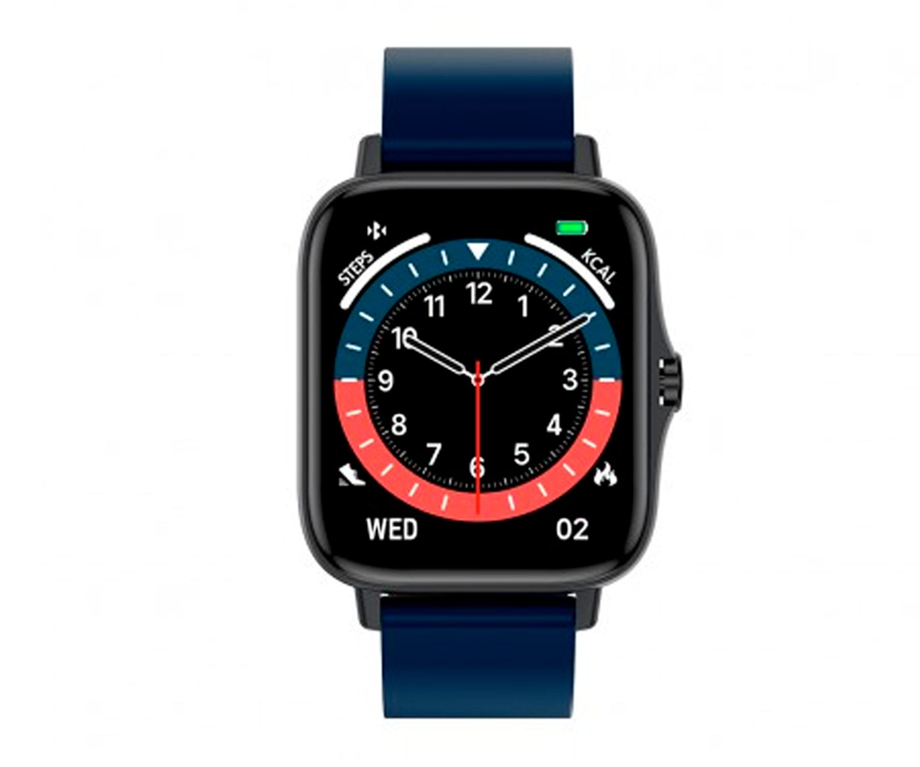 Eine schwarze Smartwatch mit quadratischem Bildschirm, der Zeit und Gesundheitsdaten anzeigt, auf weißem Grund.
